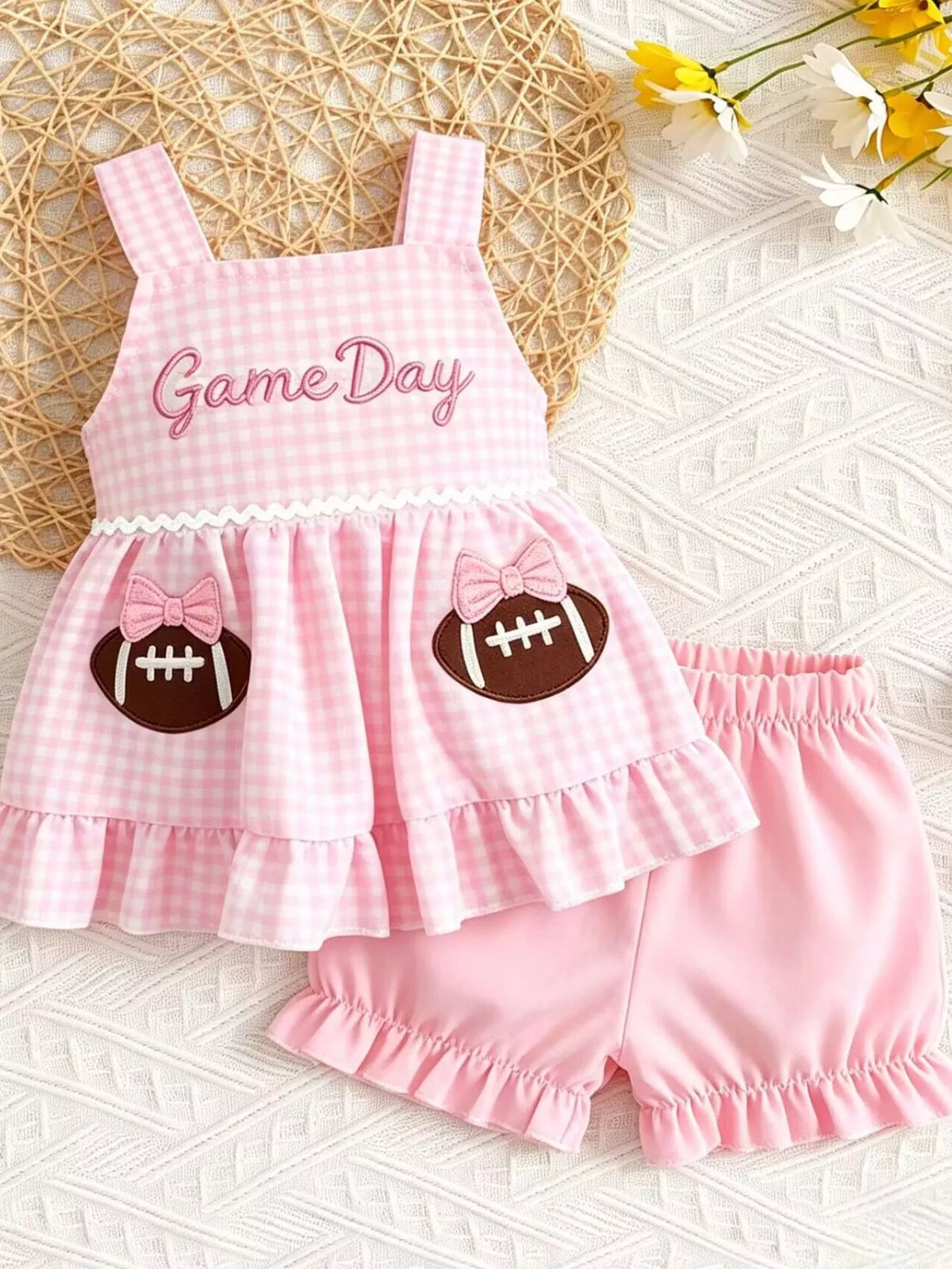 Pink gingham Game Day strappy top with pink shorts laid flat