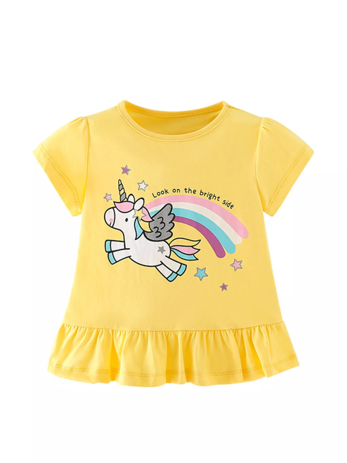 Yellow winged unicorn rainbow ruffle hem top — front
