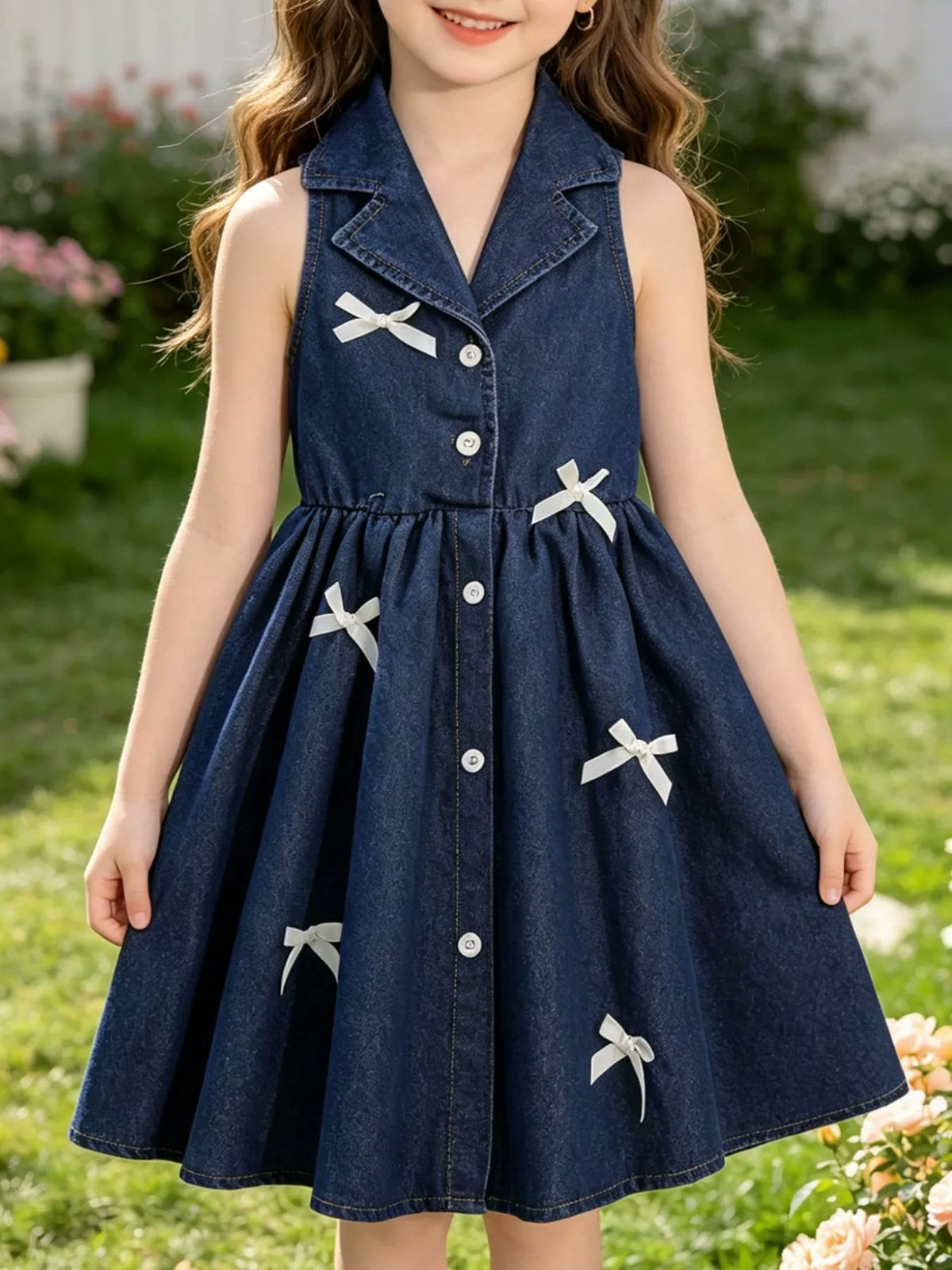 Sleeveless Denim Bow Dress — dress worn by a child