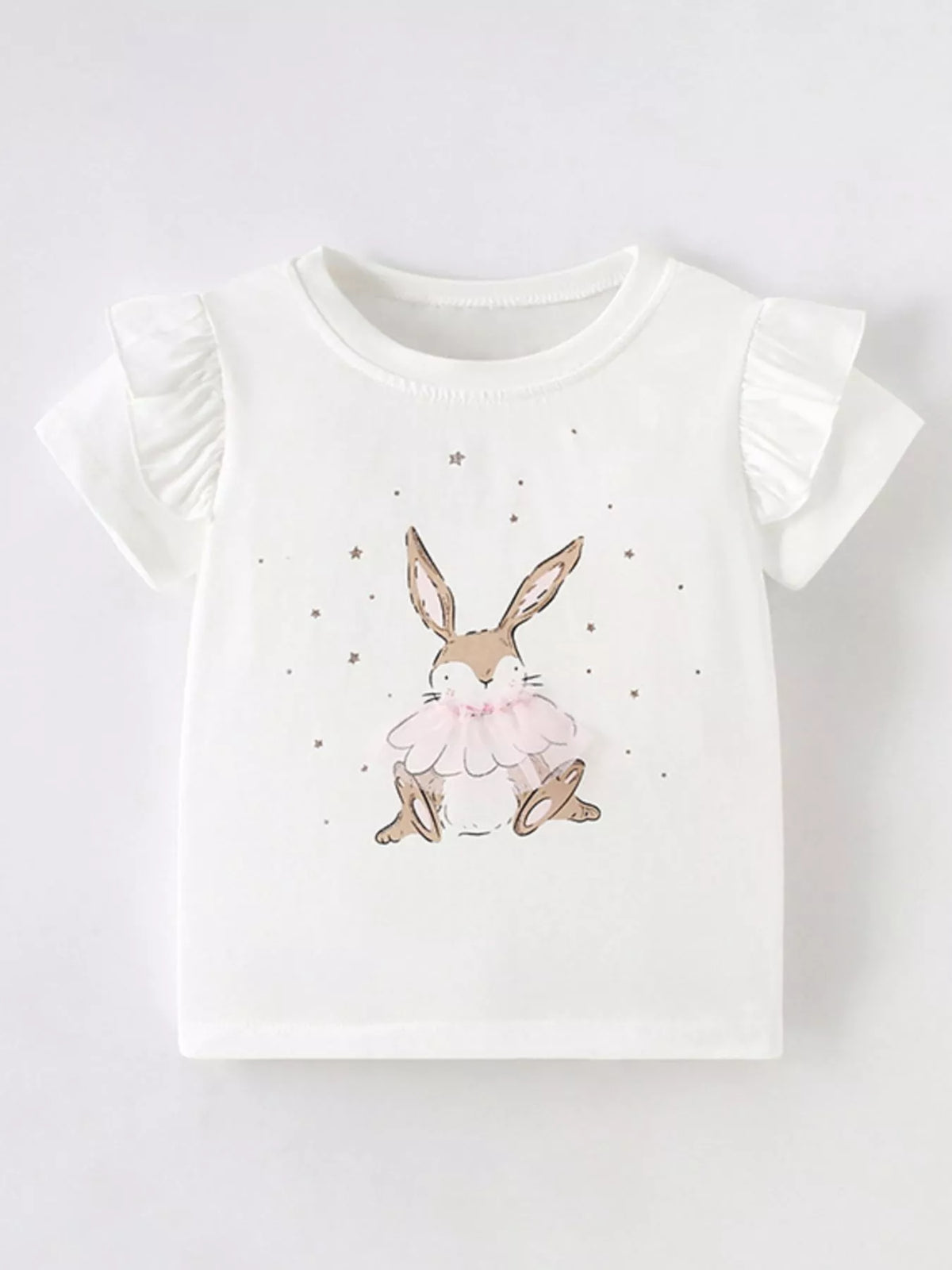 White ruffle sleeve bunny graphic shirt — front
