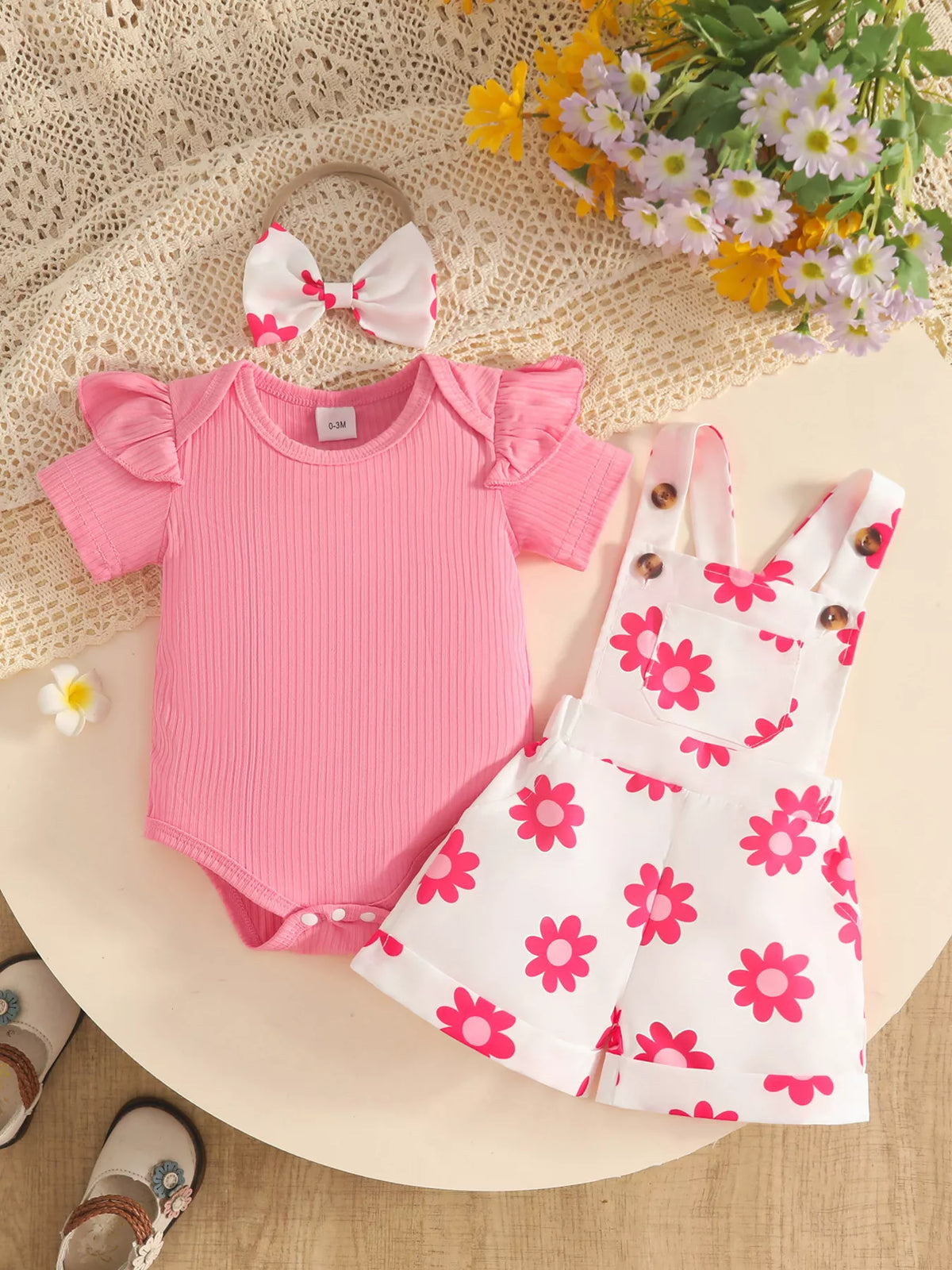Floral short overalls ribbed bodysuit and bow headband — pink bodysuit and short overalls separated