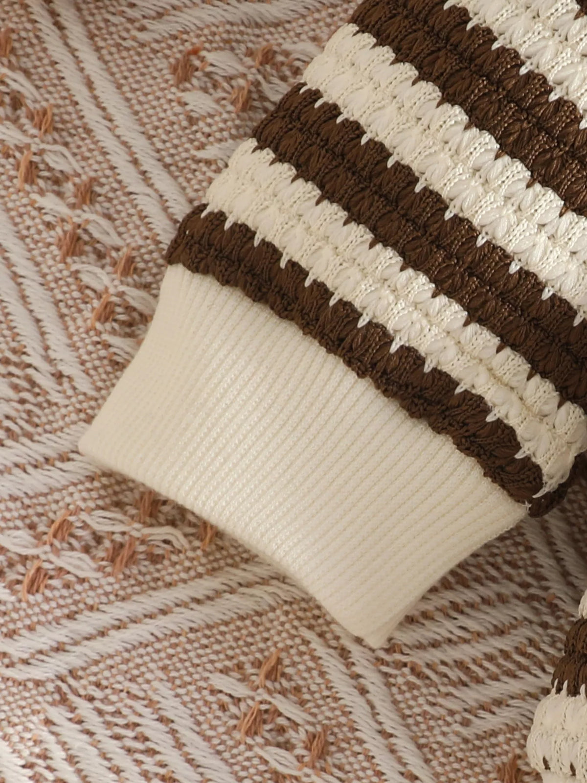 Striped knit bear patch top and pants set — brown striped cuff