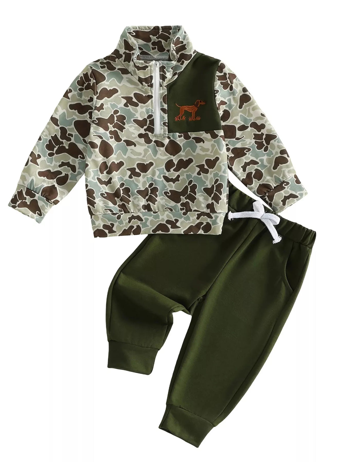 Green camouflage top and green joggers laid flat
