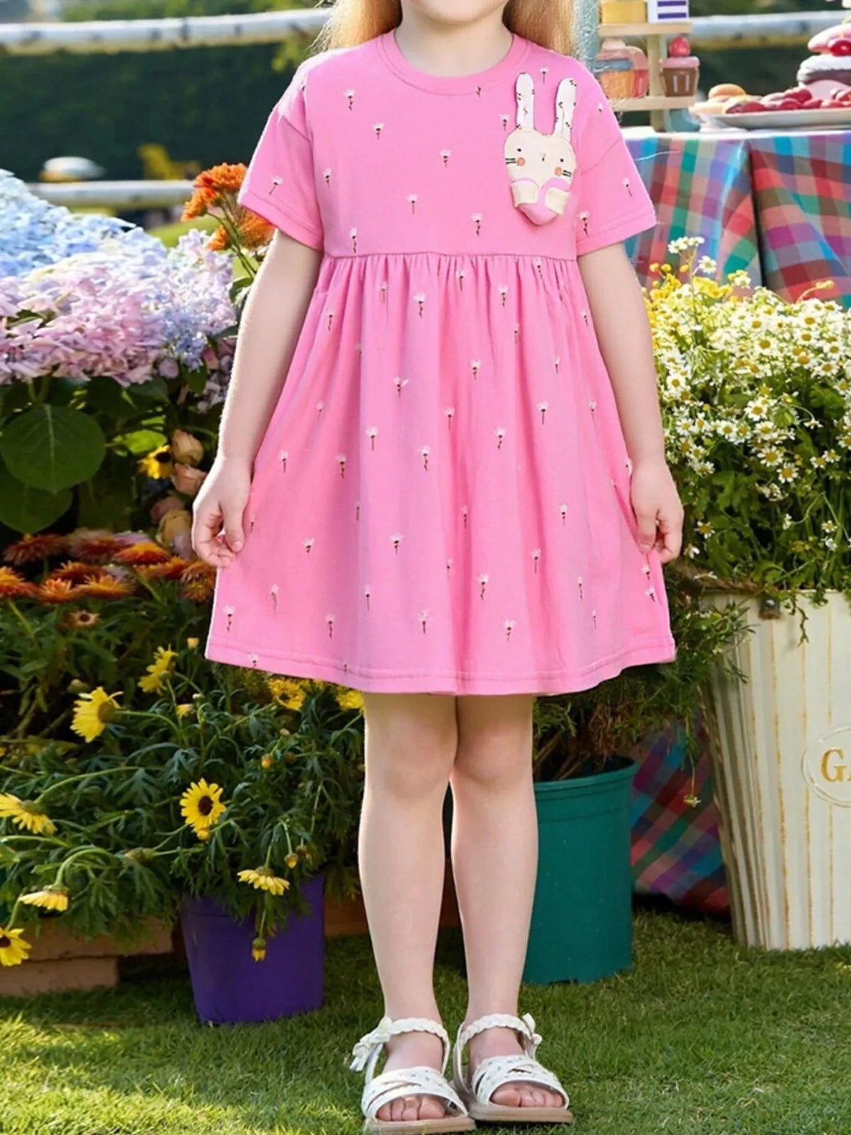 Pink Bunny Applique Cotton Dress — dress worn by a child