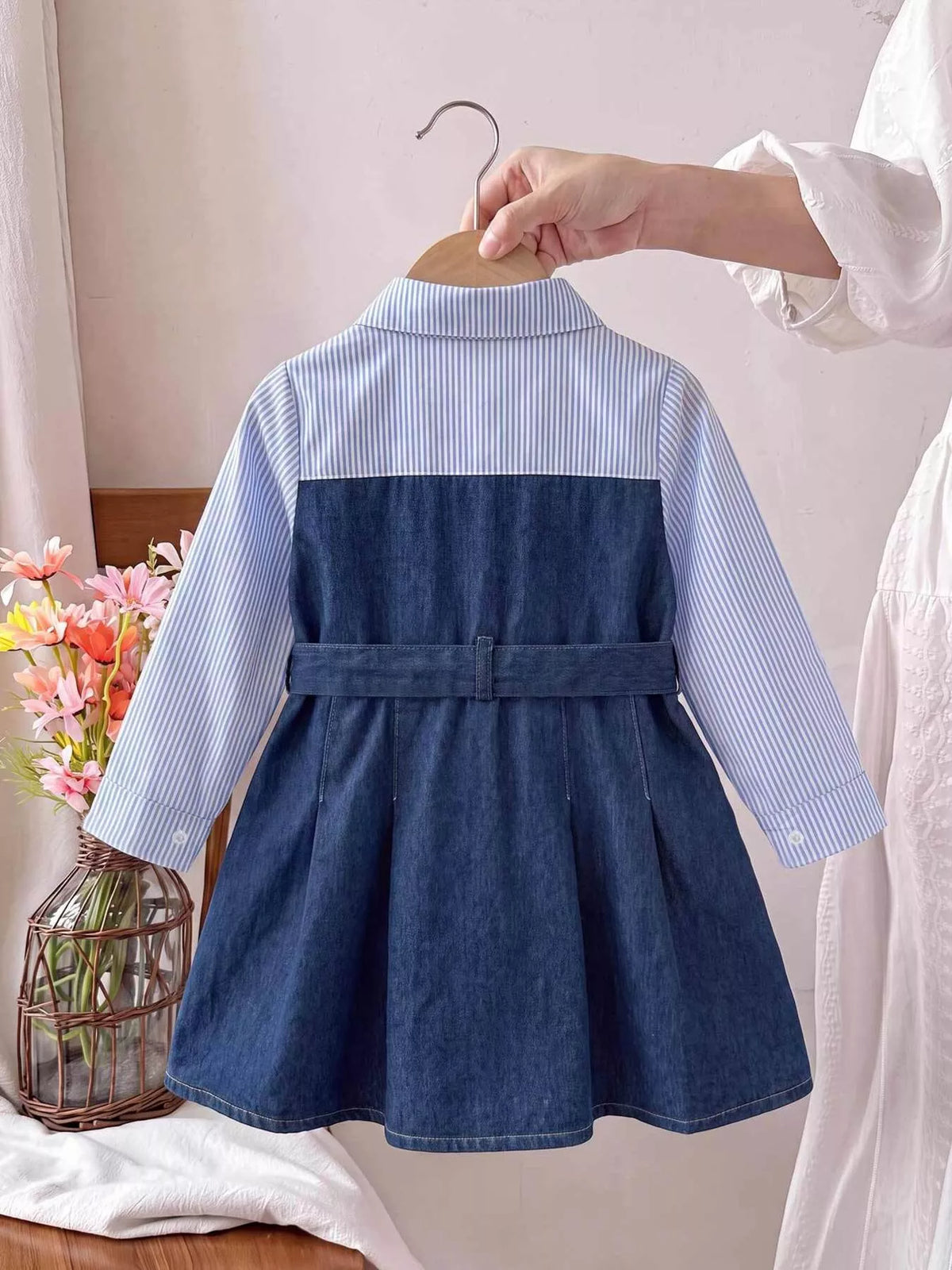 Striped Denim Shirt Dress with Belt — back view