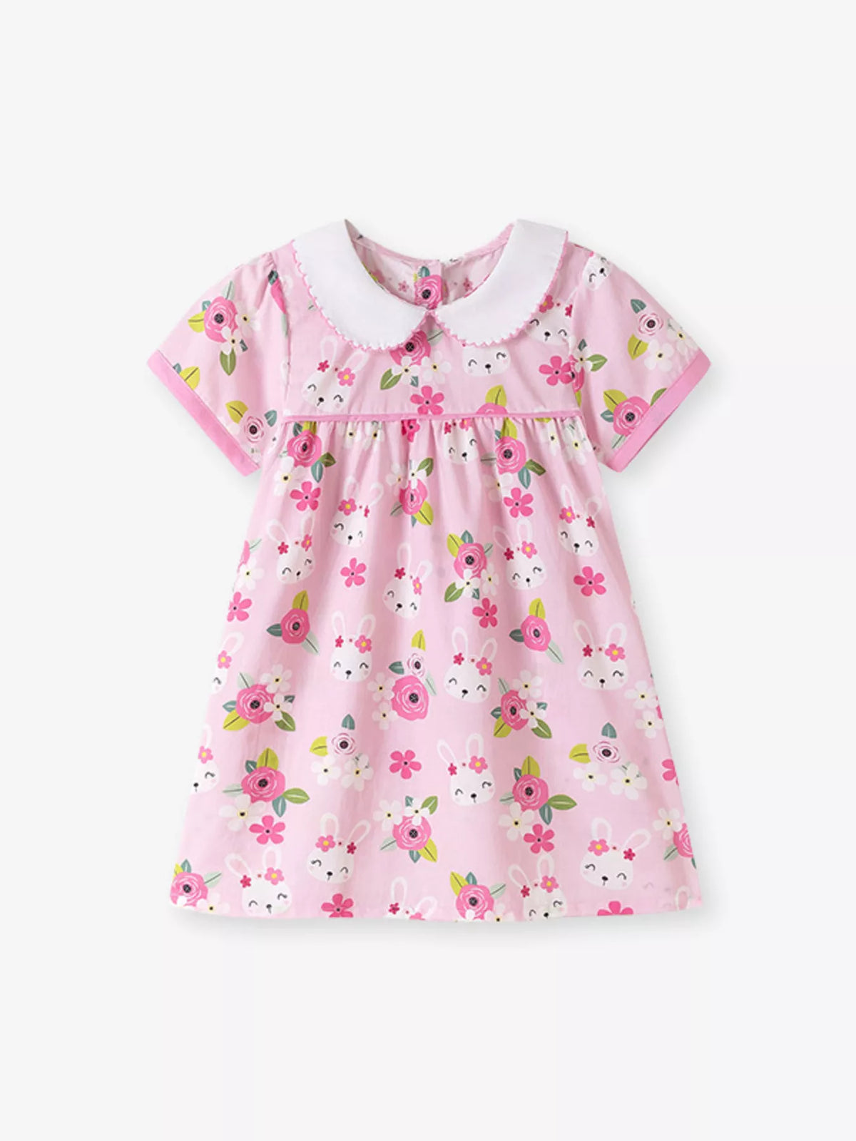 Pink bunny-and-flower dress with a white Peter Pan collar laid flat