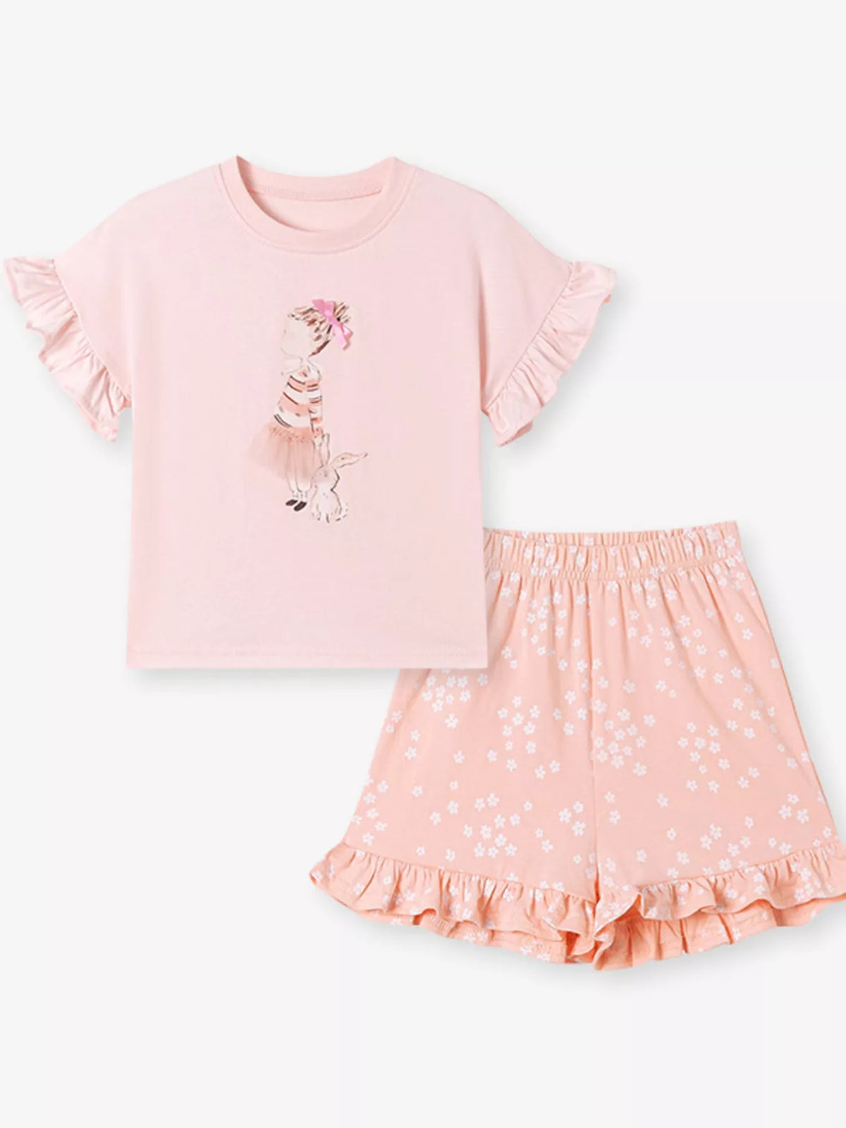 Pink ruffle-sleeve girl-and-bunny tee with floral shorts laid flat