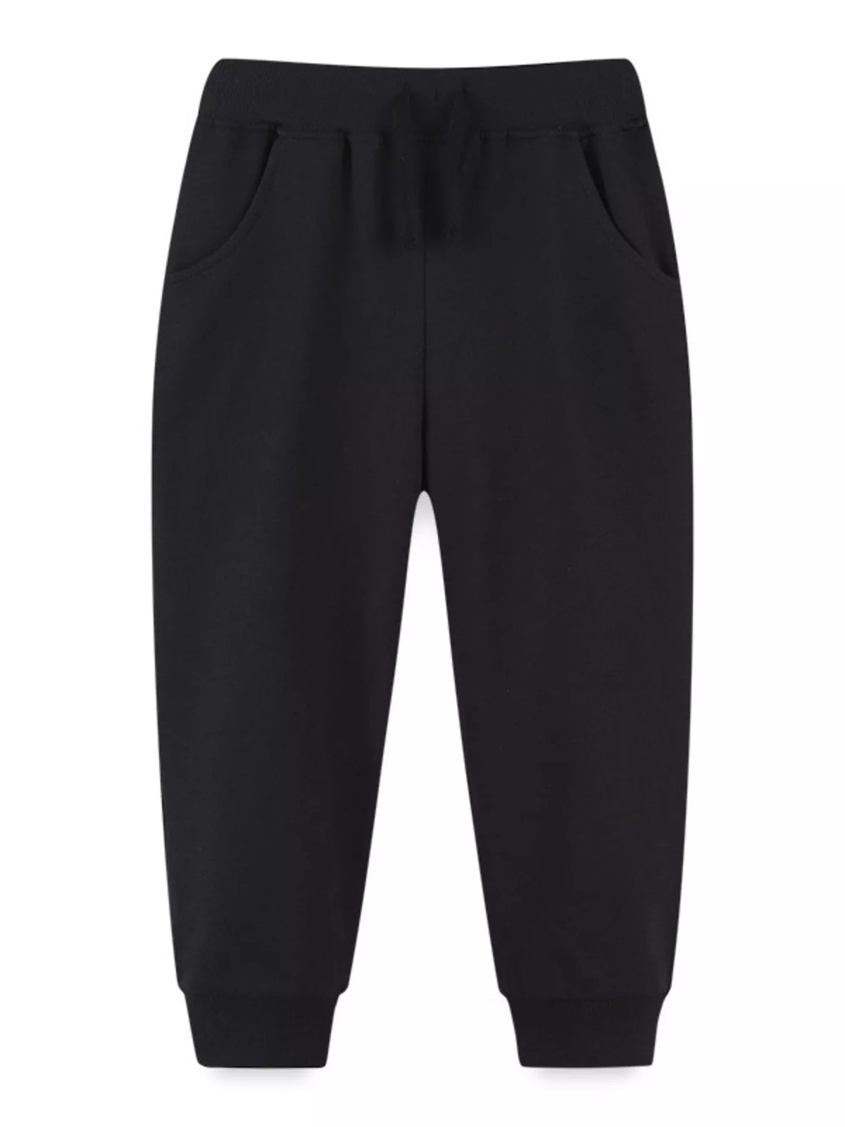 Black drawstring joggers laid flat
