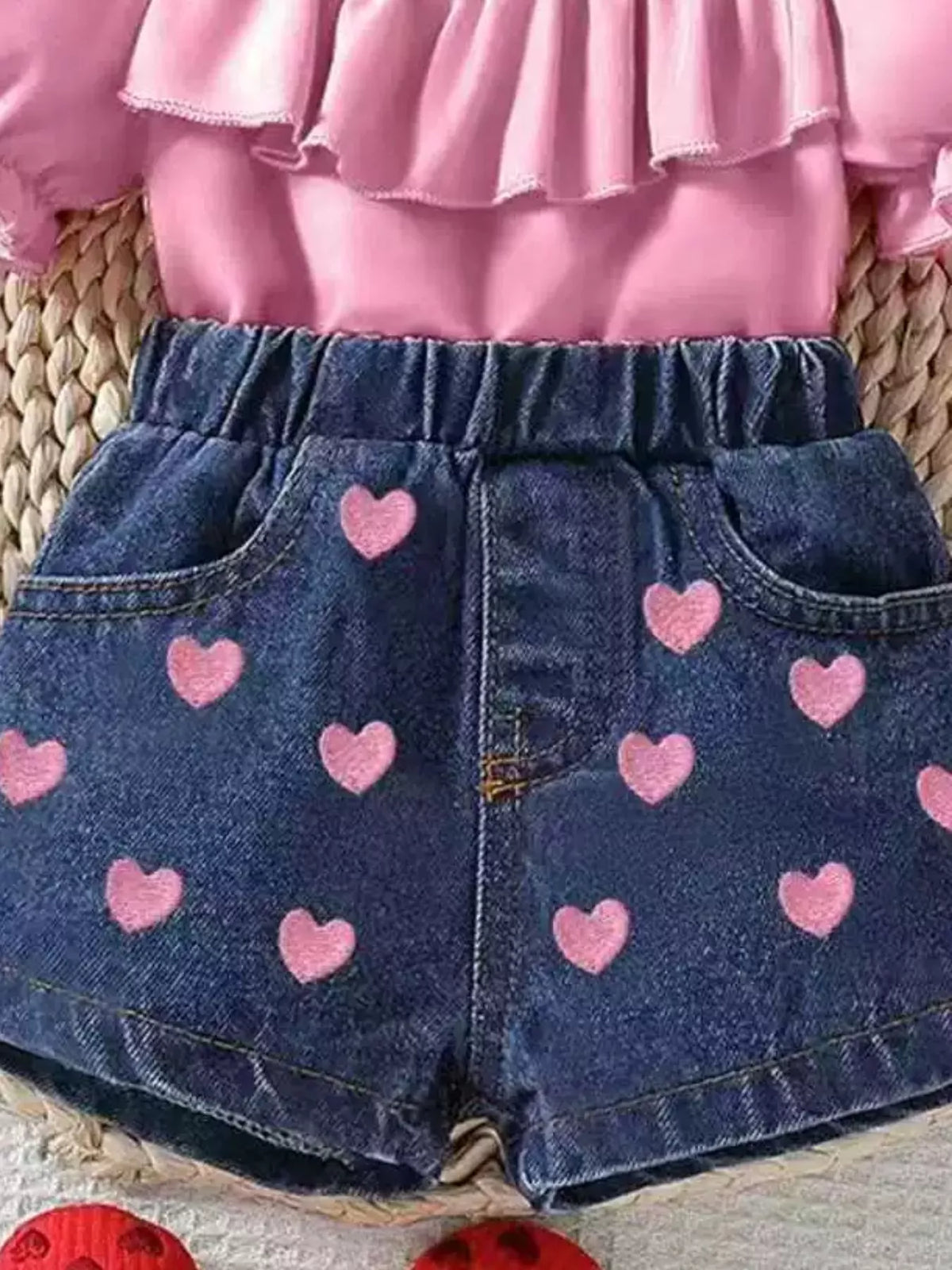 Ruffle cold shoulder top heart denim shorts and headband — pink heart denim shorts