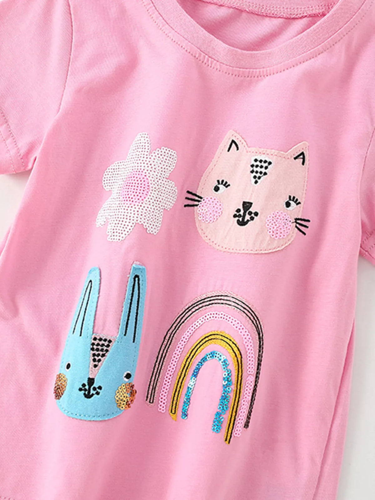 Pink cat bunny rainbow applique shirt — cat bunny rainbow and flower designs