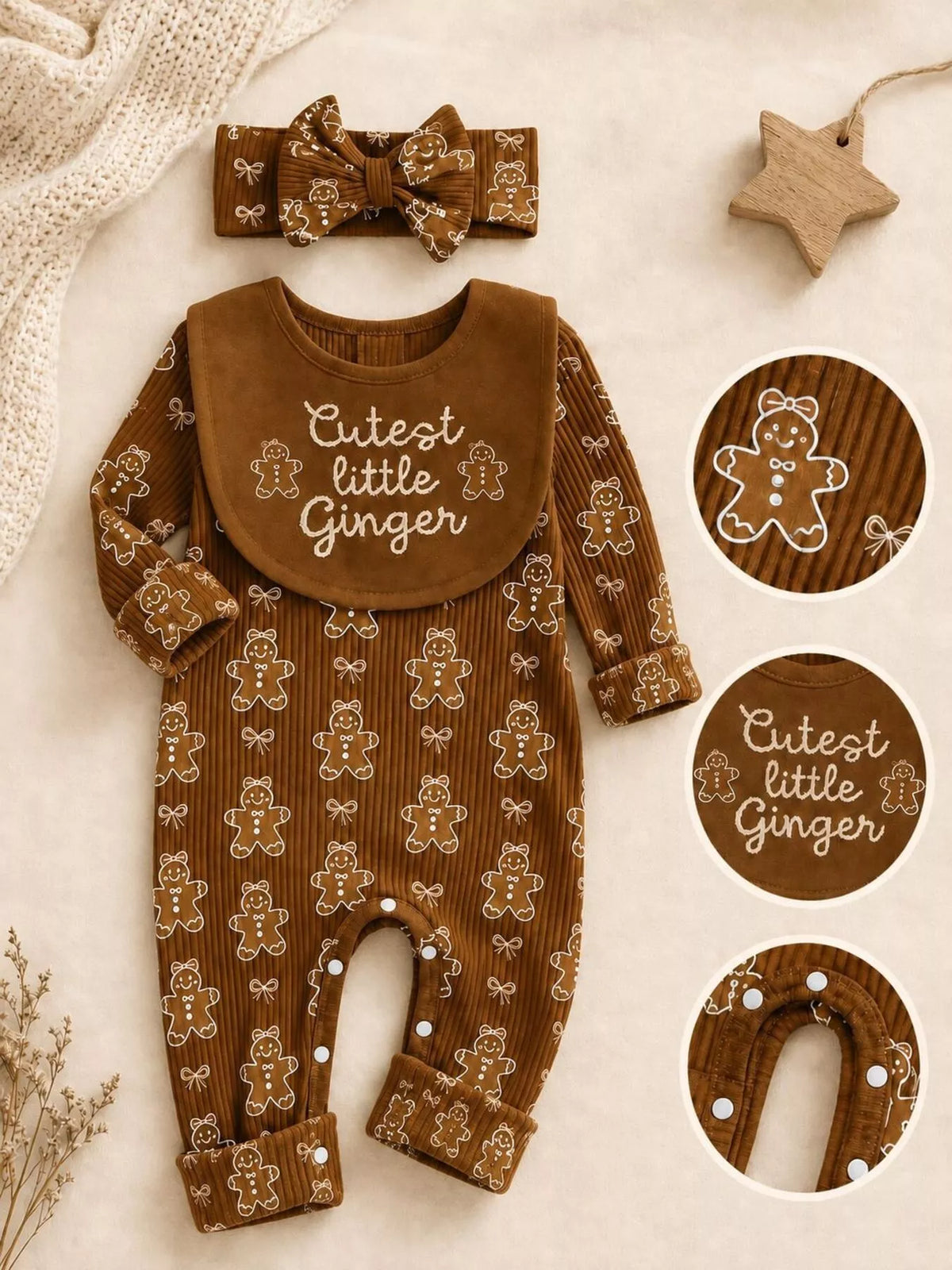 Jumpsuit and headband laid flat with gingerbread, lettering and snap detail insets