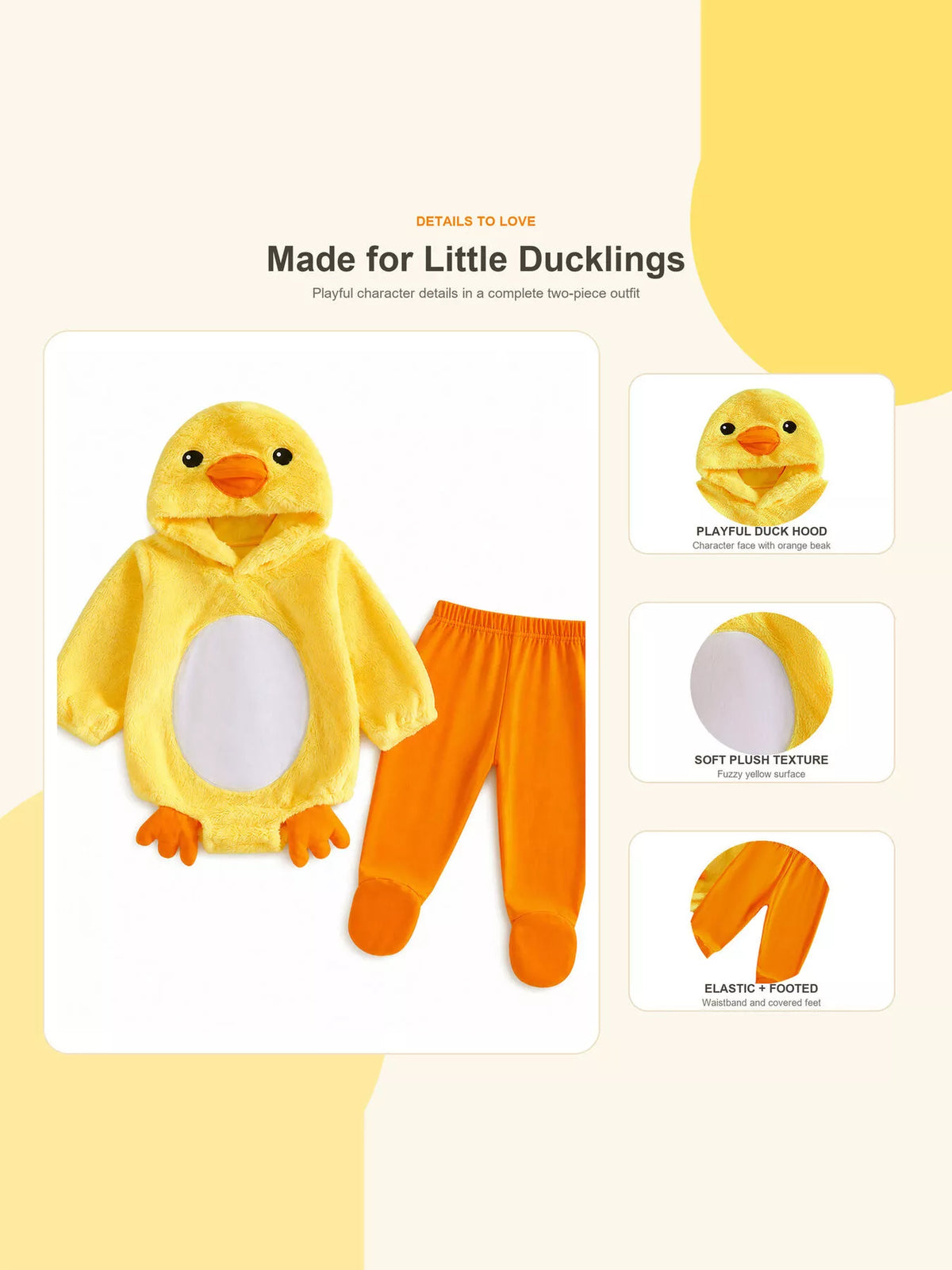 Duck outfit detail card showing the hood, white belly and orange pants