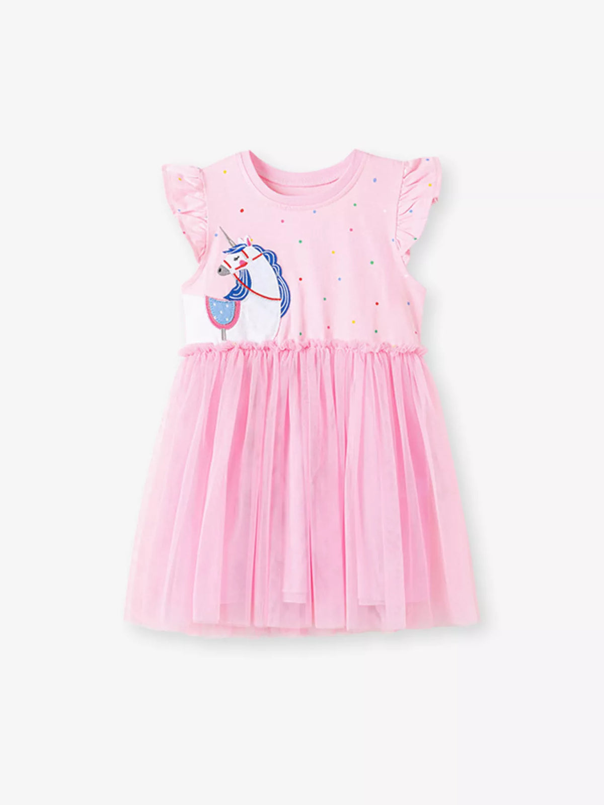 Pink polka-dot unicorn ruffle-sleeve dress with a tulle skirt laid flat