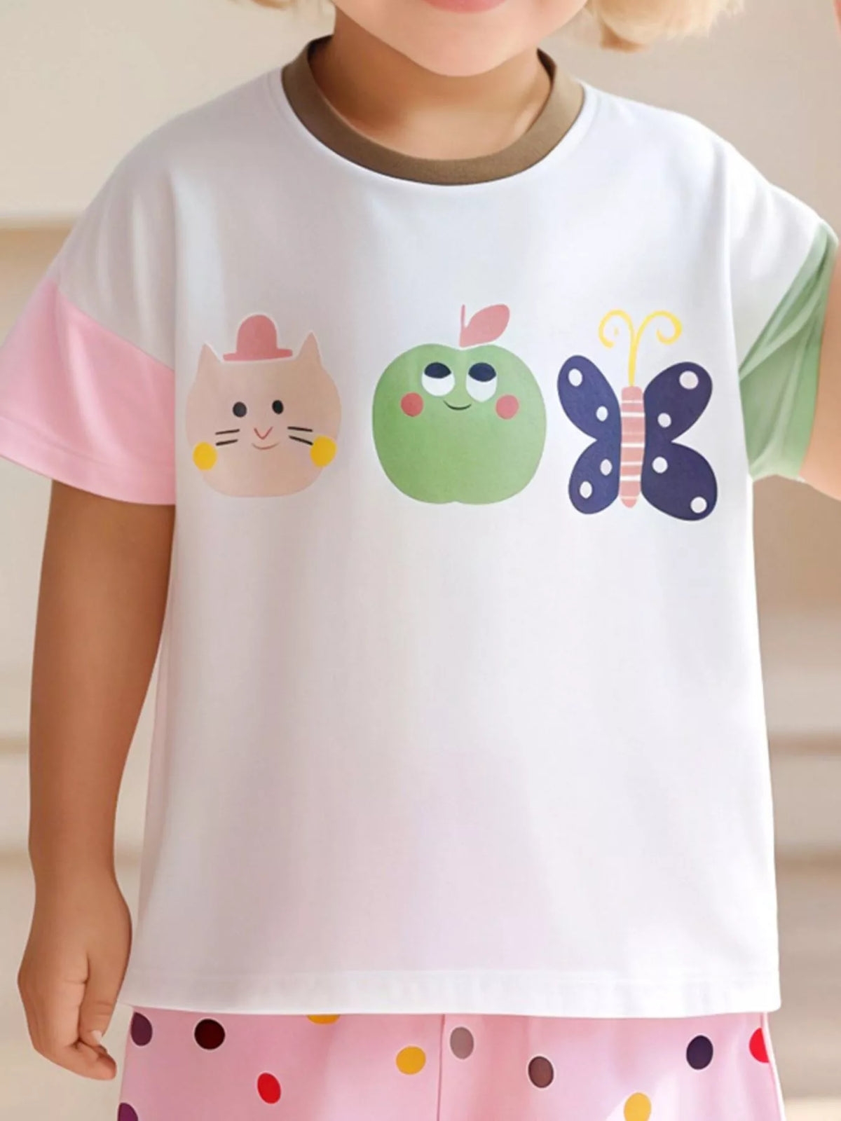 White cartoon tee with pink and mint sleeves on a child