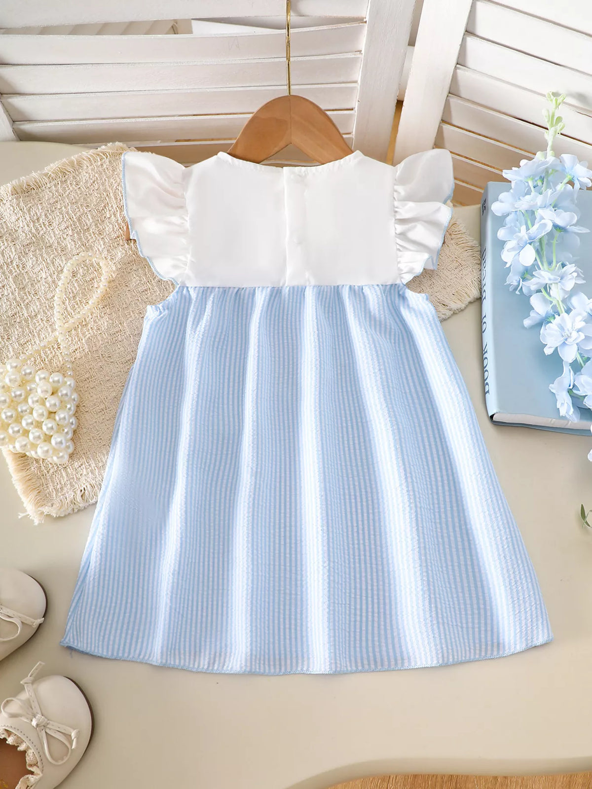Baby Embroidered Yoke Striped Dress — blue dress back