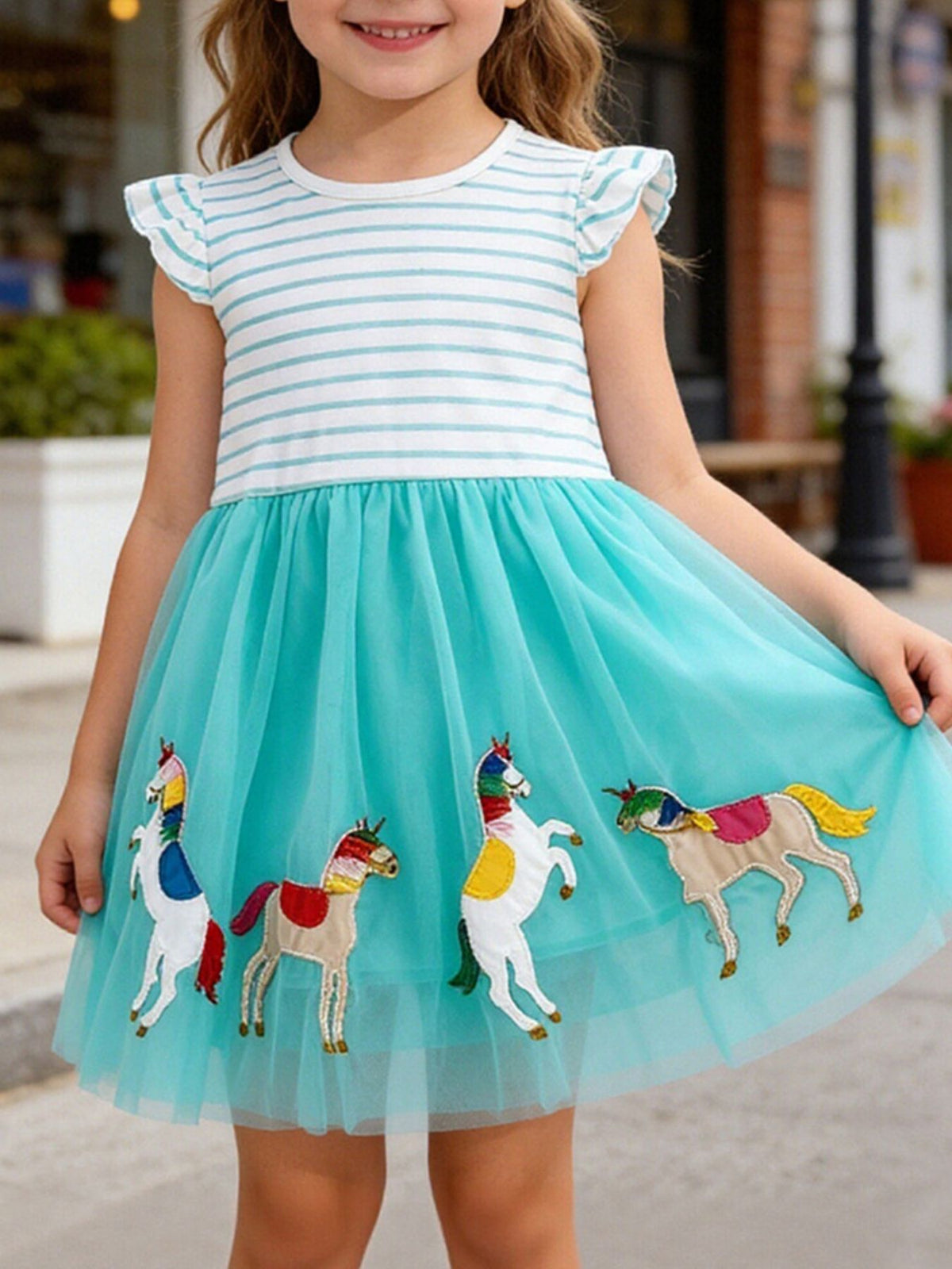 Striped Horse Embroidered Tulle Dress — dress worn by a child