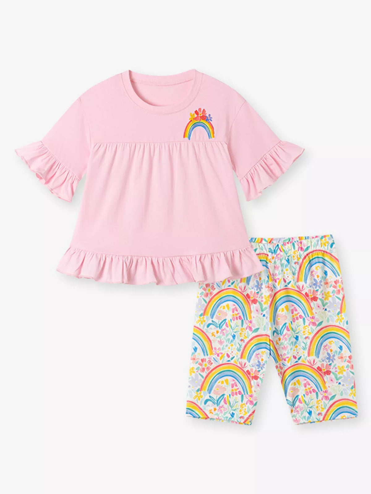 Pink rainbow ruffle top with rainbow-print capri leggings laid flat