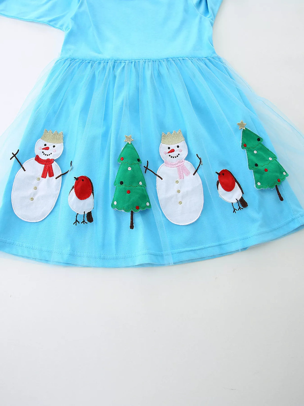 Blue Snowman Christmas Long Sleeve Dress — snowman and Christmas tree embroidery