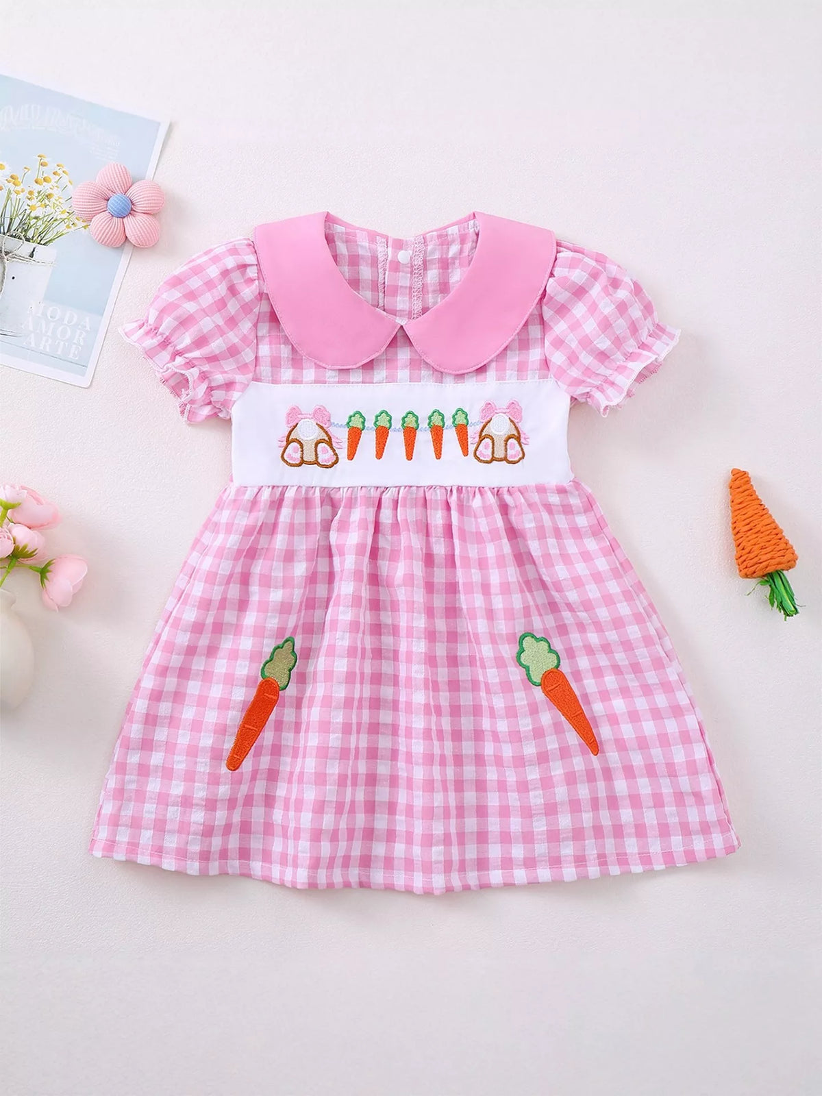 Pink gingham bunny carrot Peter Pan collar dress — dress front