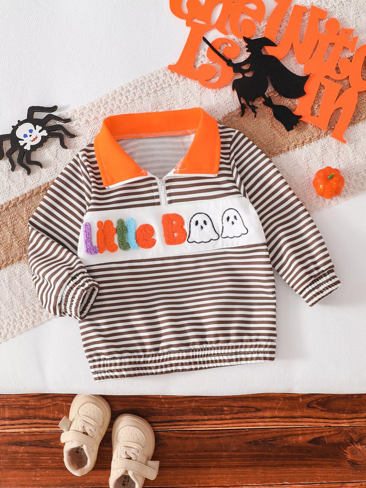 Brown striped Little Boo sweatshirt laid flat