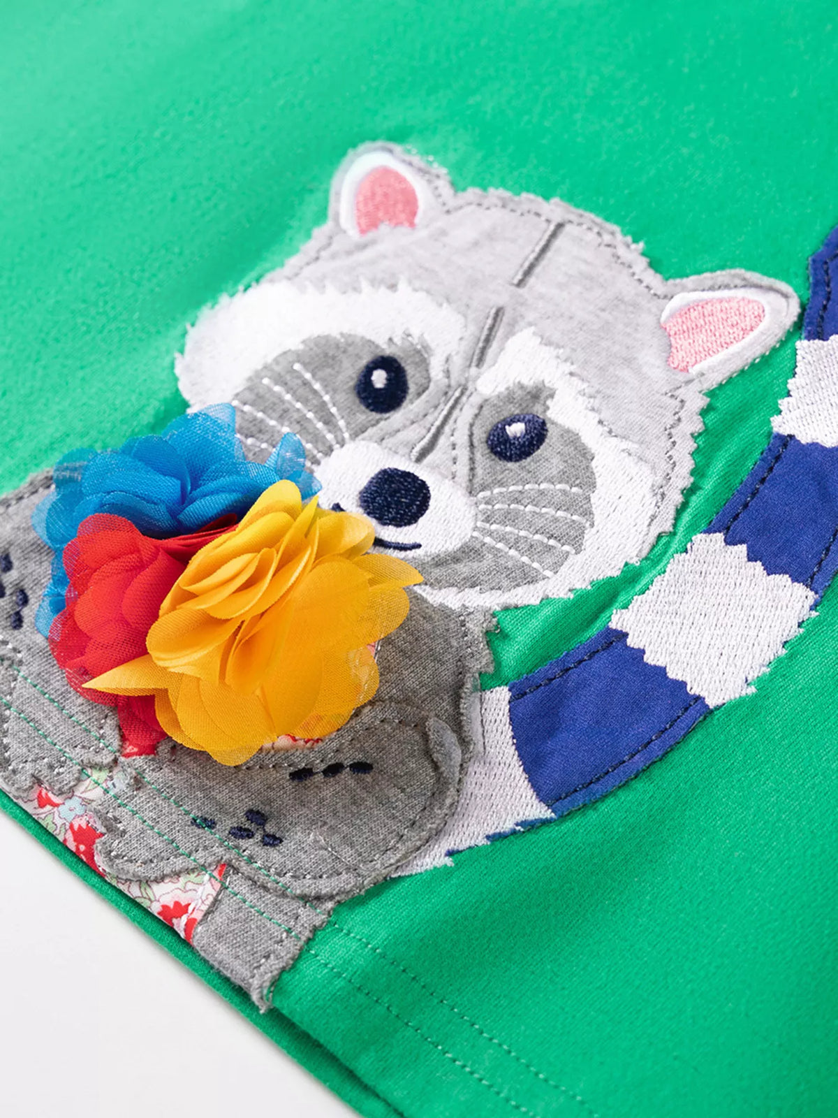 Woodland Animal Applique Cotton Dress — raccoon applique on green dress