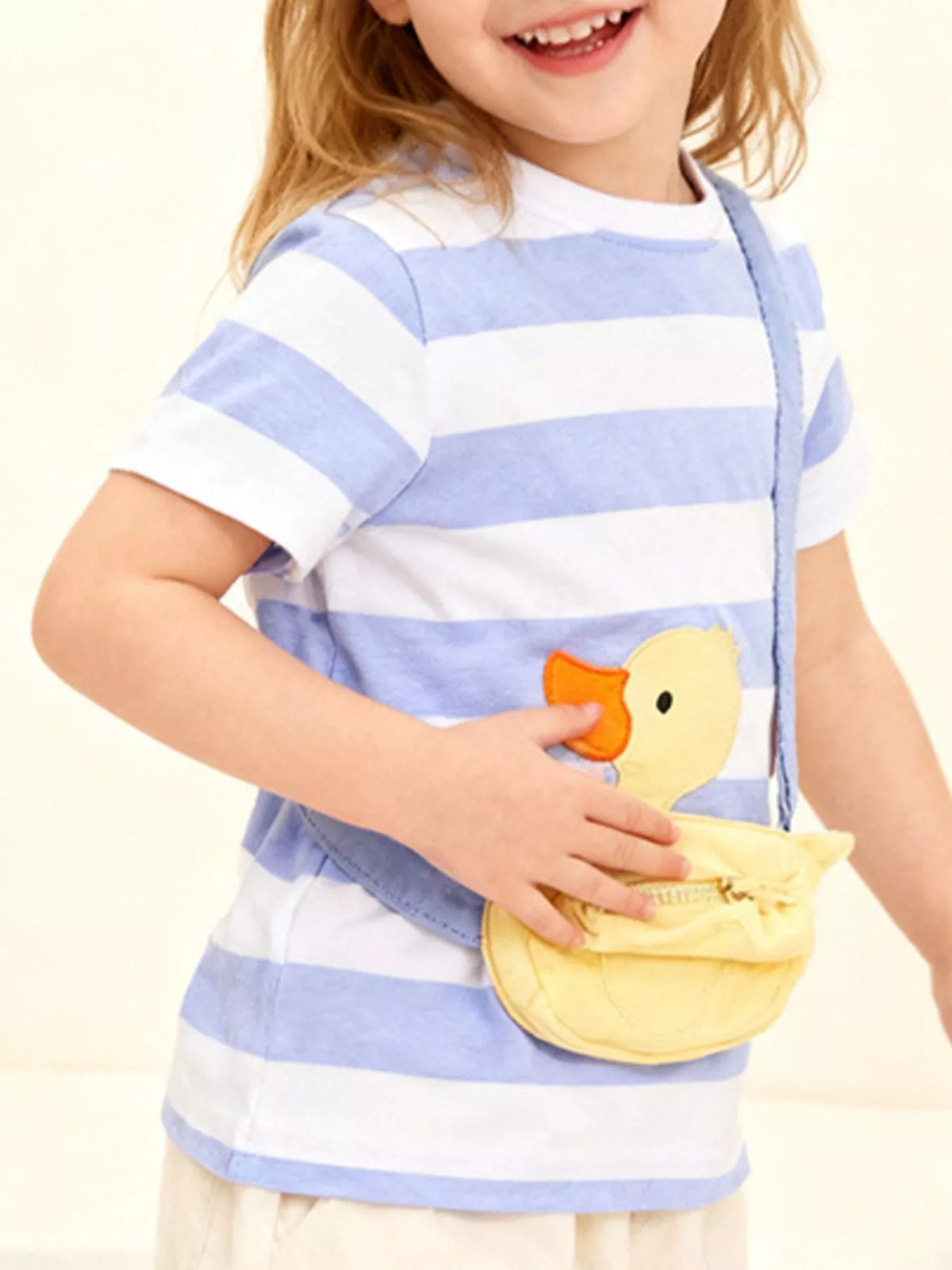 Blue Striped Duck Applique T-Shirt — duck applique and pouch shown worn