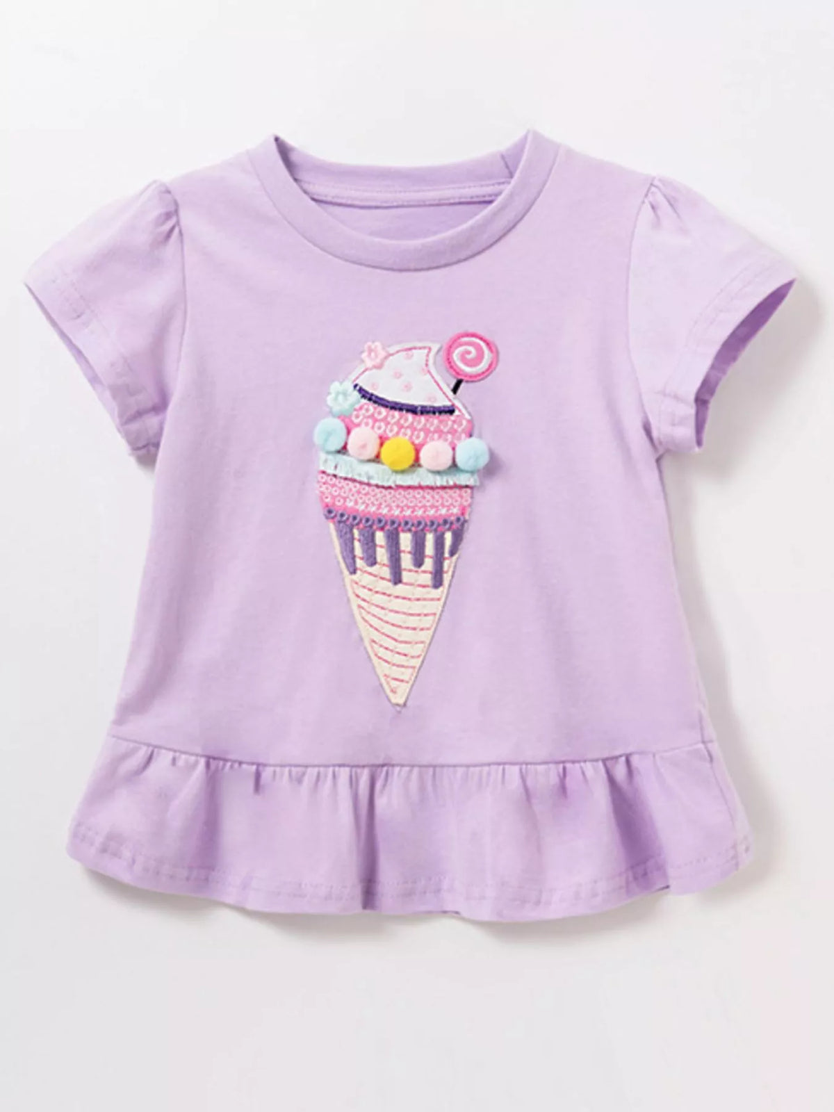 Lavender ice cream applique pompom ruffle hem shirt — front