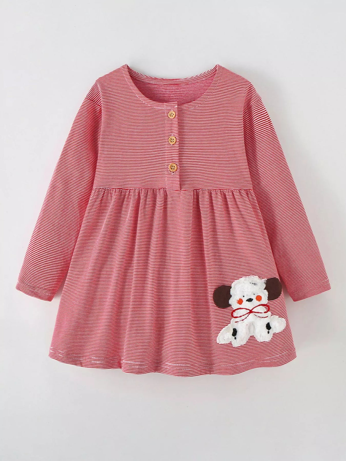 Red striped long-sleeve dress with a puppy applique laid flat