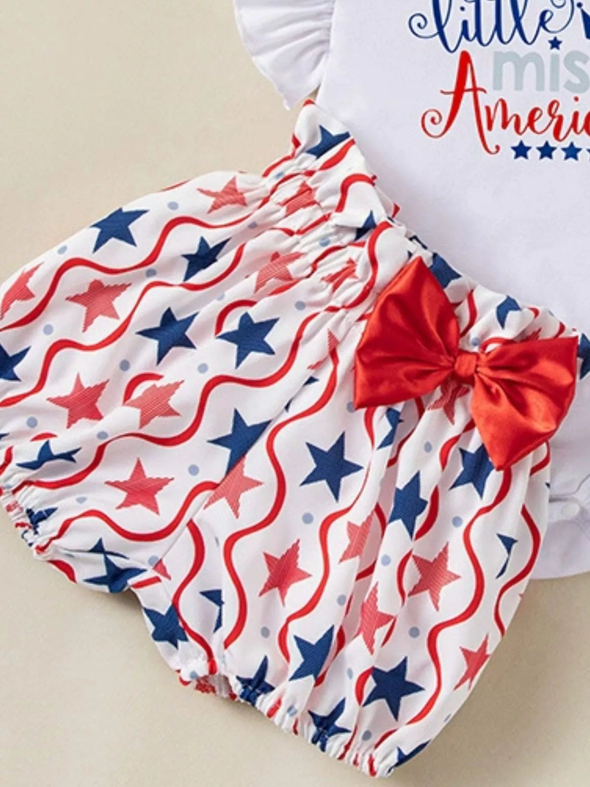 Baby Fourth of July Three-Piece Outfit Set — Little Miss America set shorts detail