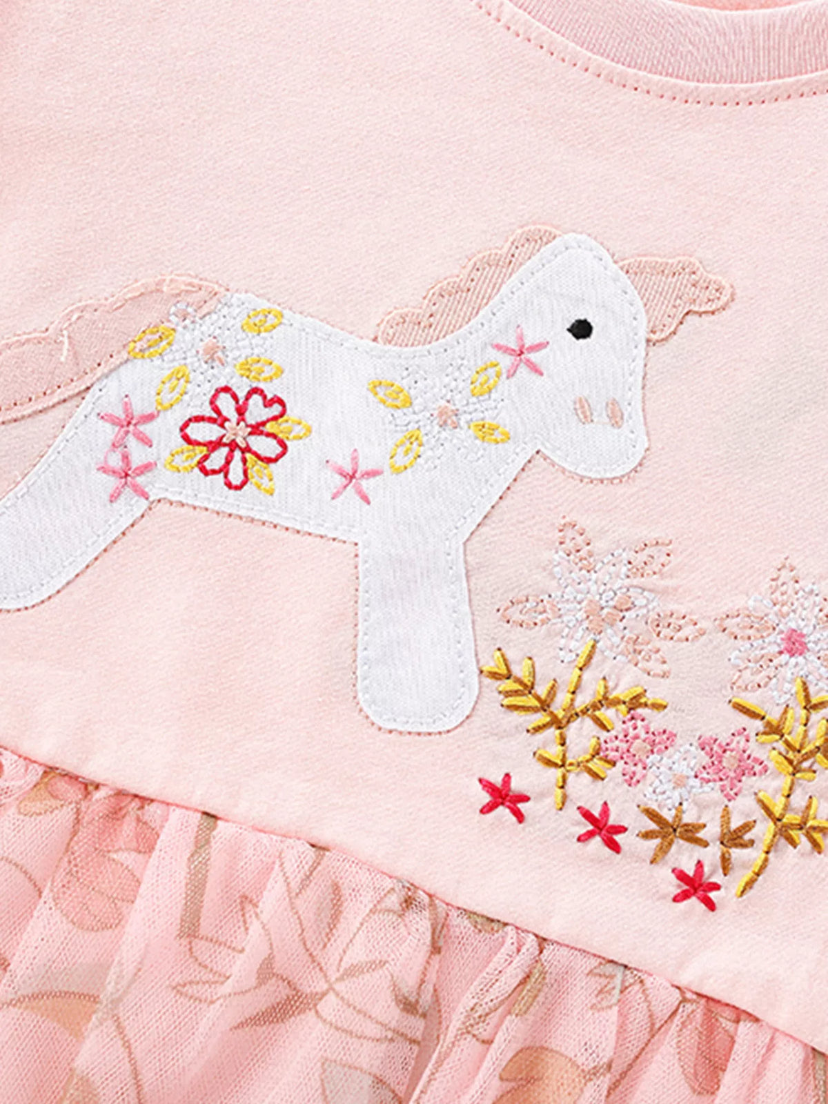 Pink Unicorn Floral Ruffle Sleeve Dress — embroidered unicorn and flowers