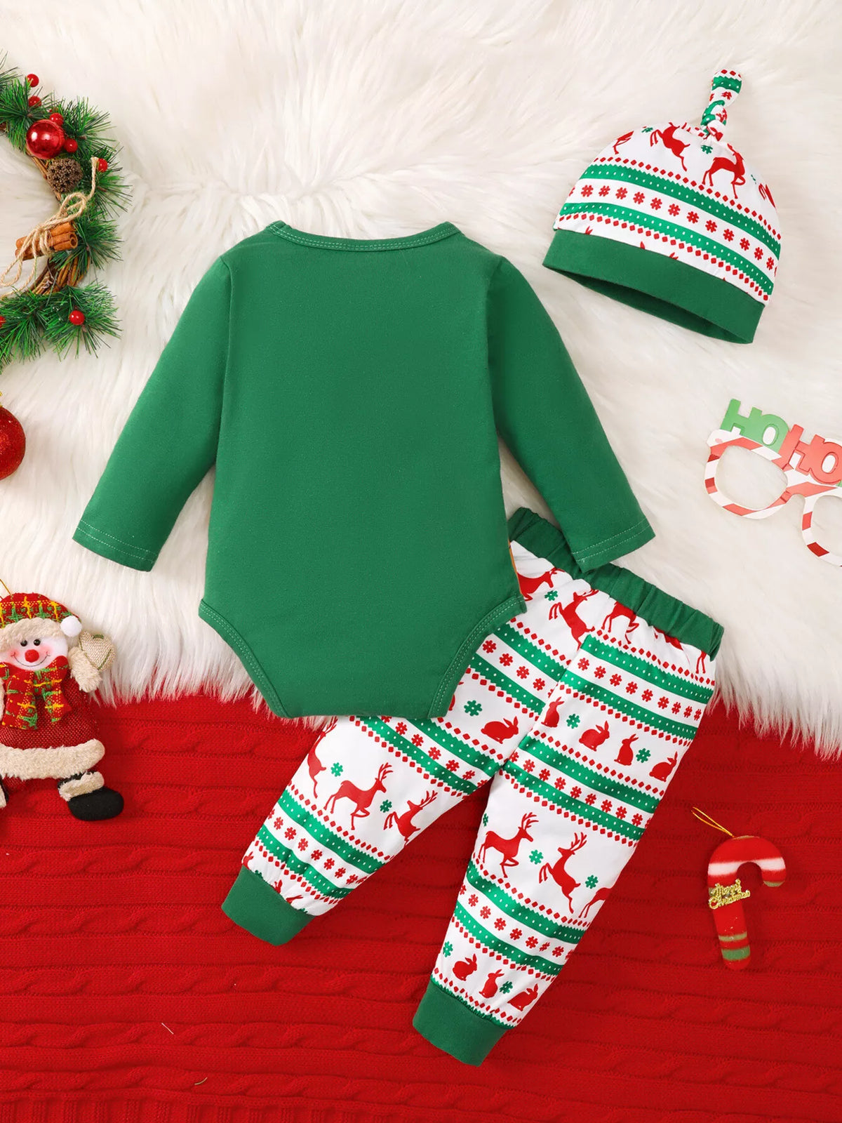 Green Santa reindeer bodysuit printed pants and hat — outfit back