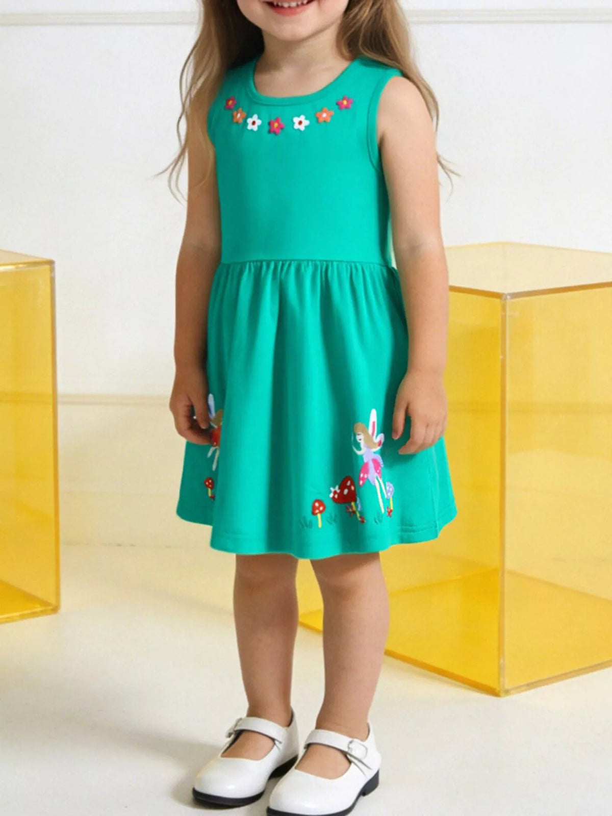 Turquoise Floral Embroidered Sleeveless Dress — dress worn by a child