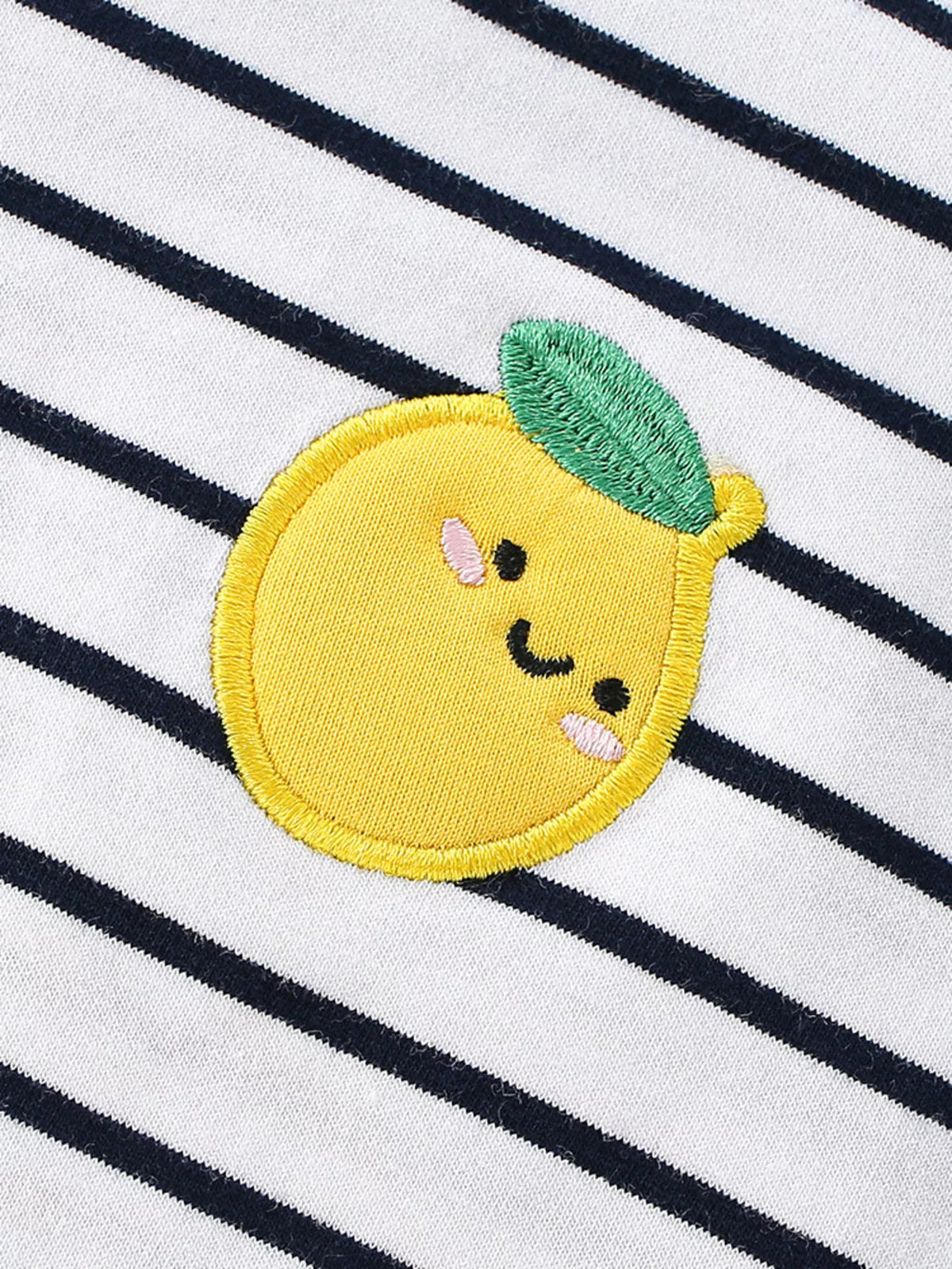 White navy striped lemon applique ruffle sleeve shirt — yellow lemon applique
