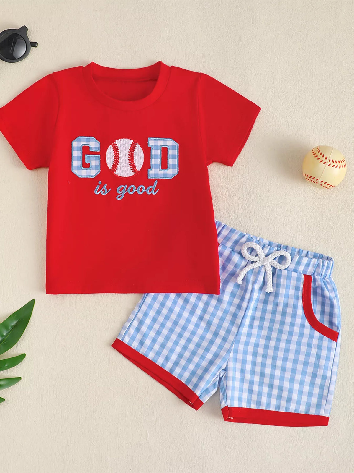 Red God is good baseball tee and gingham shorts — outfit front