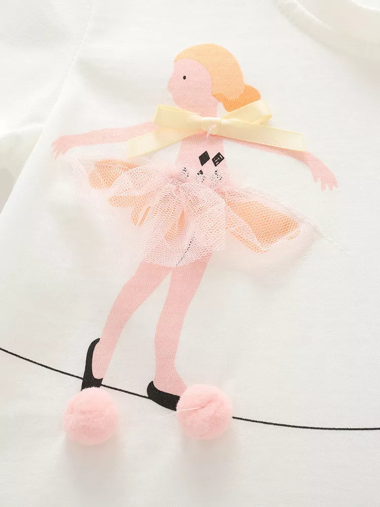 Ballet-dancer graphic with tulle skirt and pink pom-pom shoes