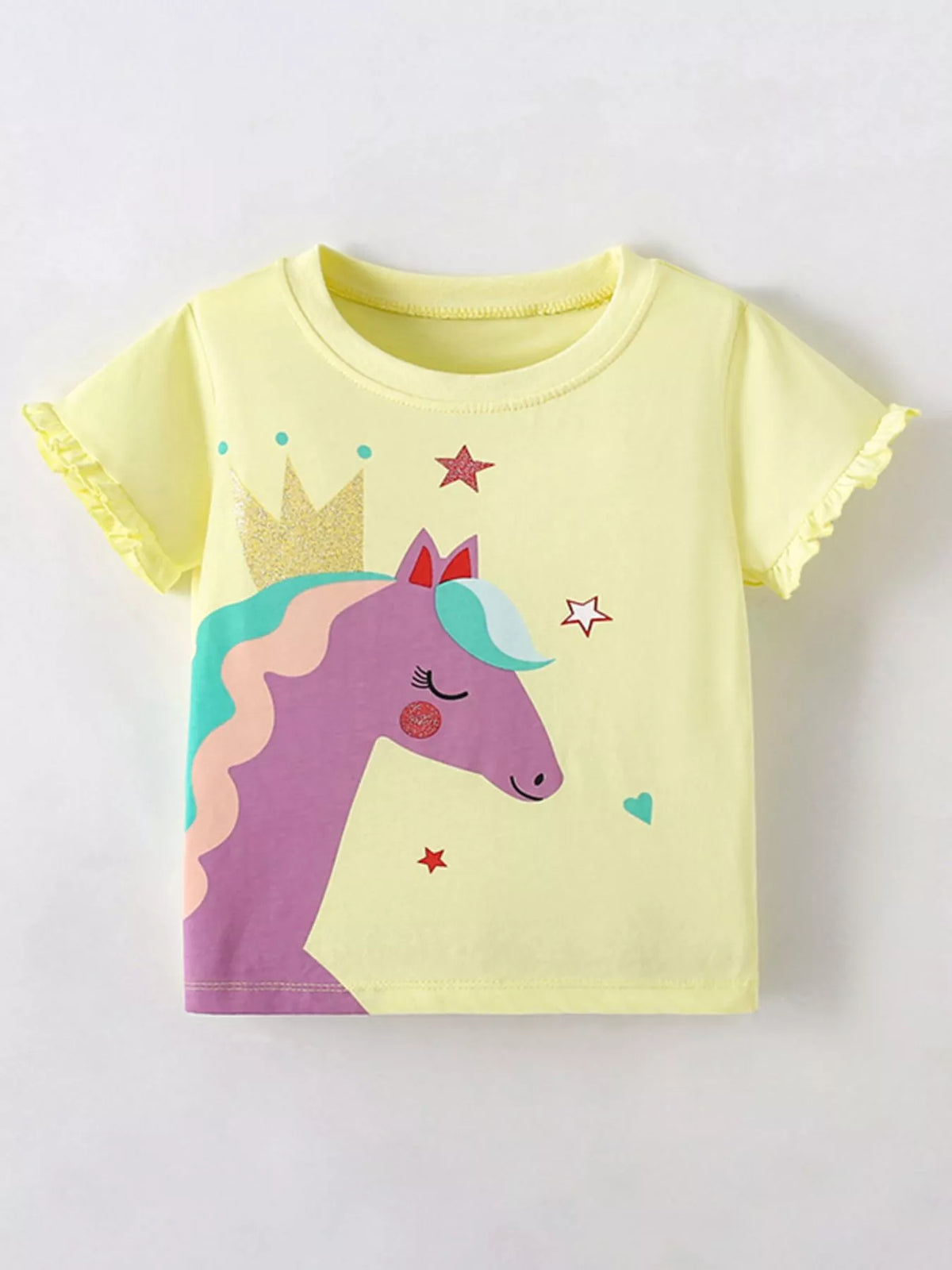 Yellow unicorn graphic ruffle sleeve shirt — front