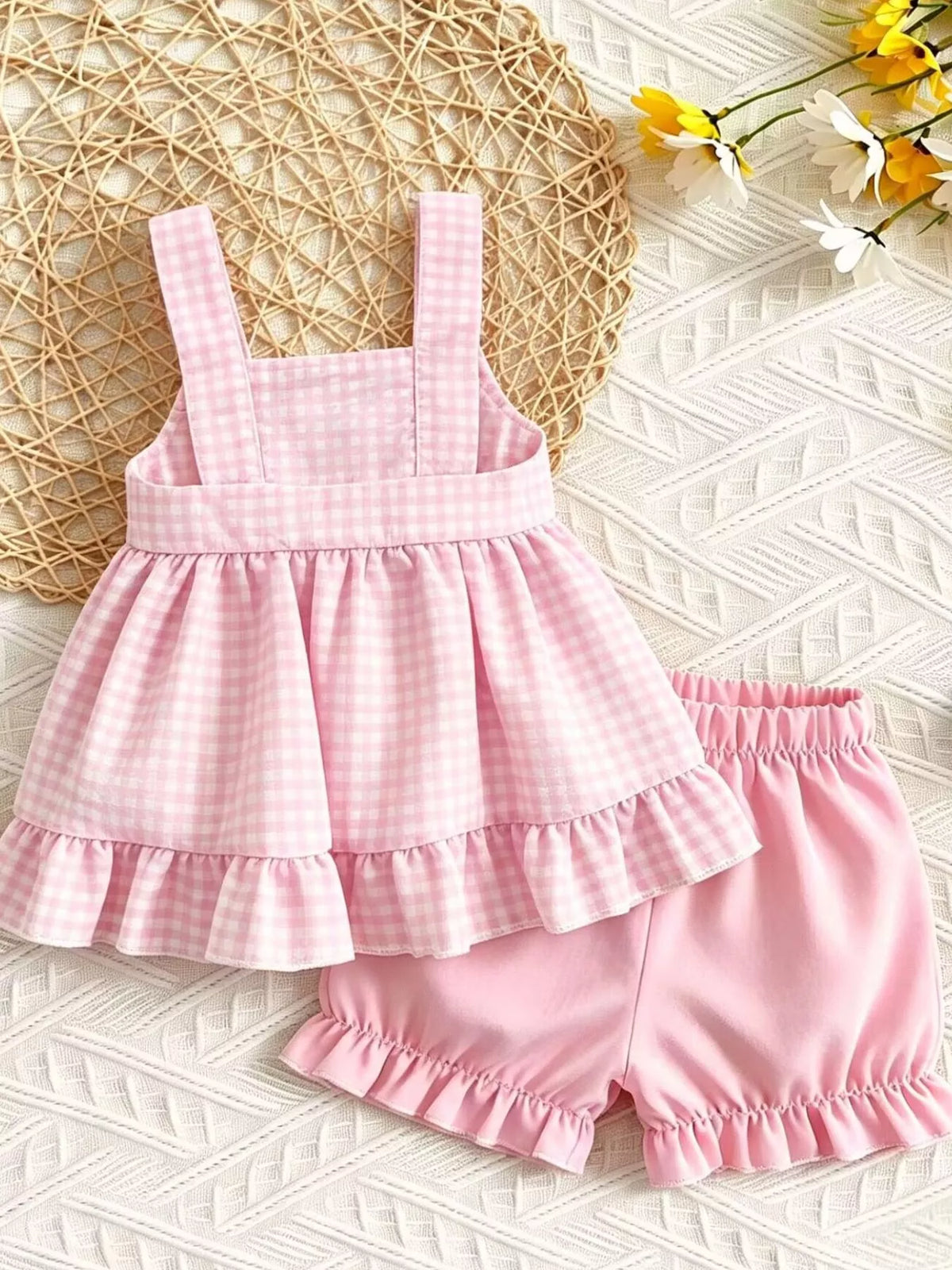 Back of the gingham top and pink shorts