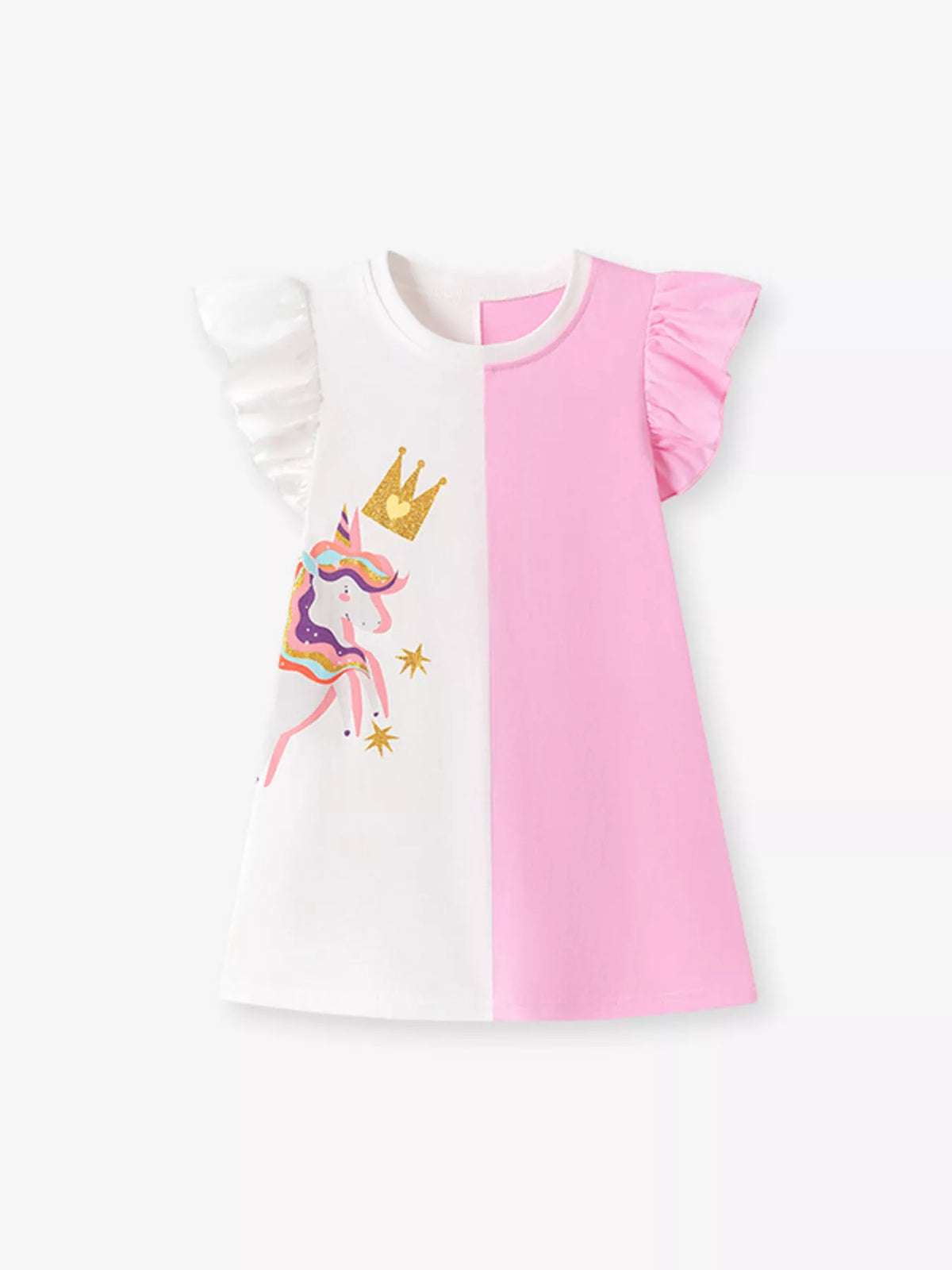 White-and-pink unicorn dress with ruffled sleeves laid flat