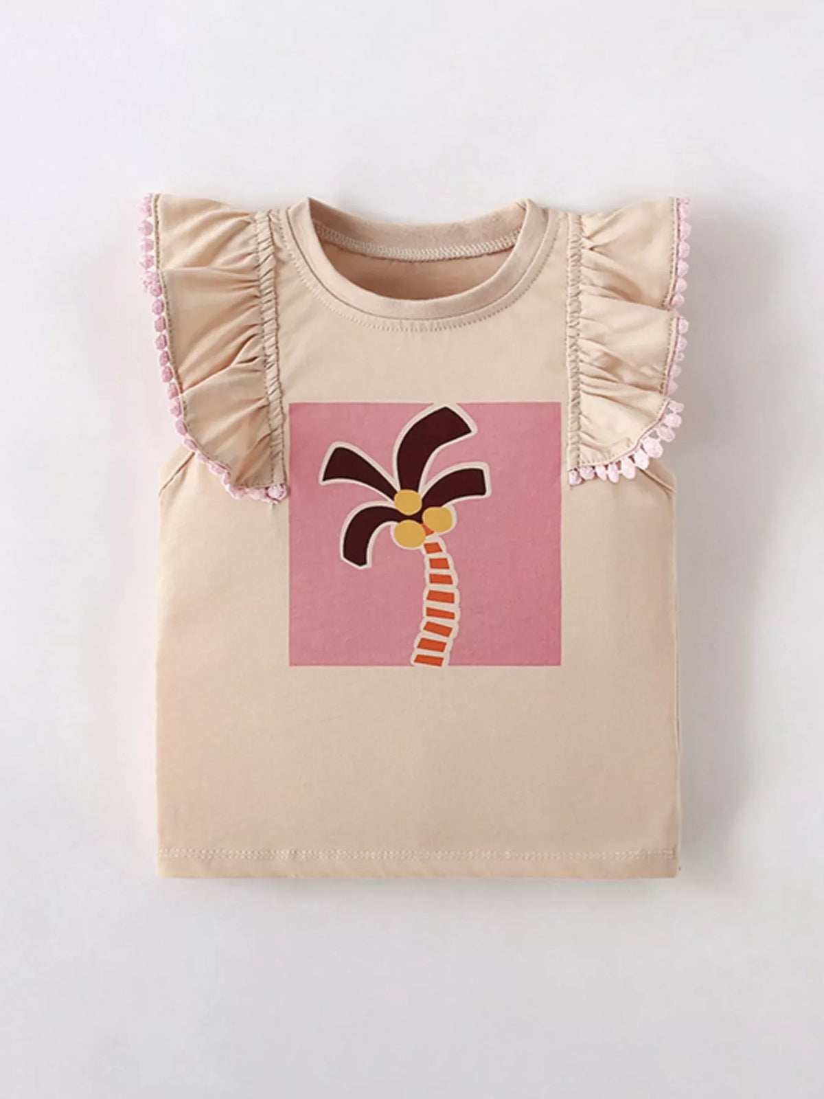 Beige palm tree graphic ruffle trim sleeveless top — front