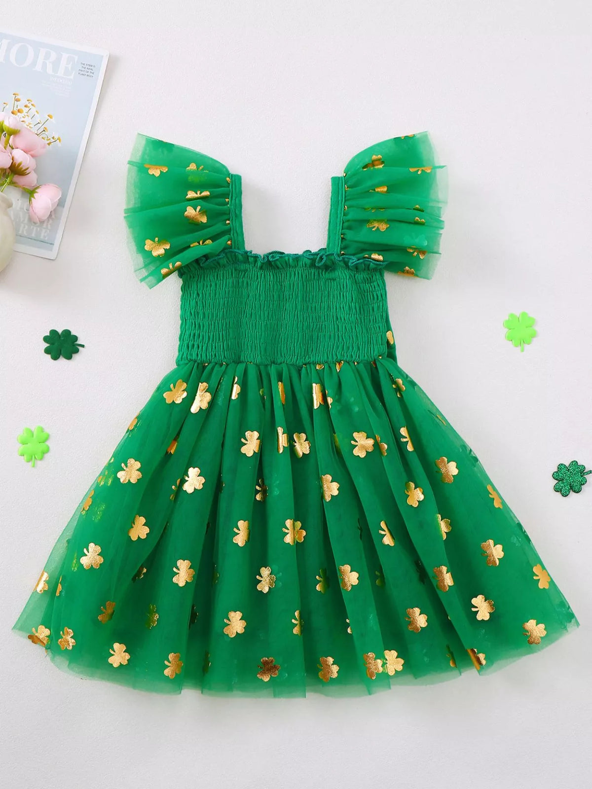 Green clover smocked tulle dress — dress front