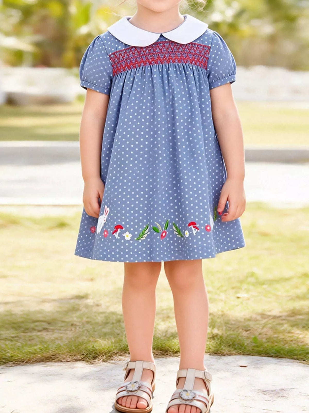 Dusty blue polka-dot dress with embroidery and a white collar on a child