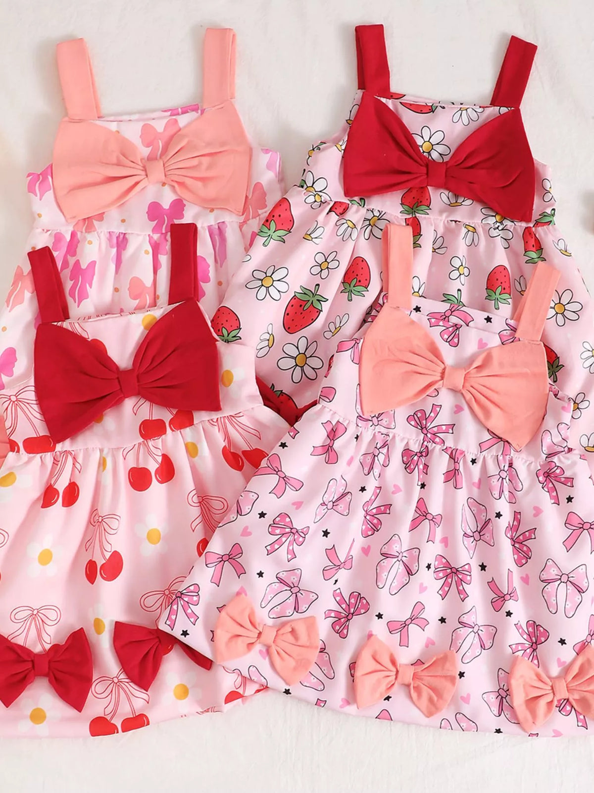Baby Bow Front Printed Sundress — four printed dress options together