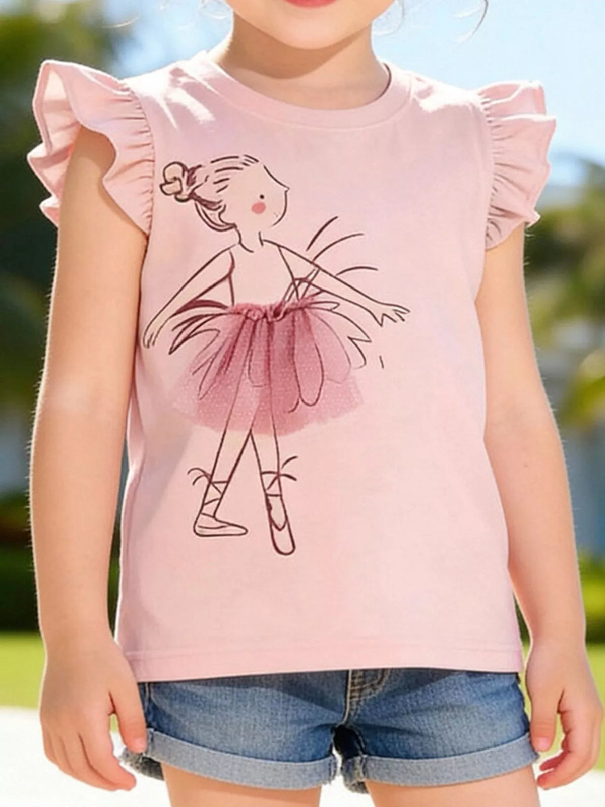 White and pink ballerina ruffle sleeve tops — pink top shown on child