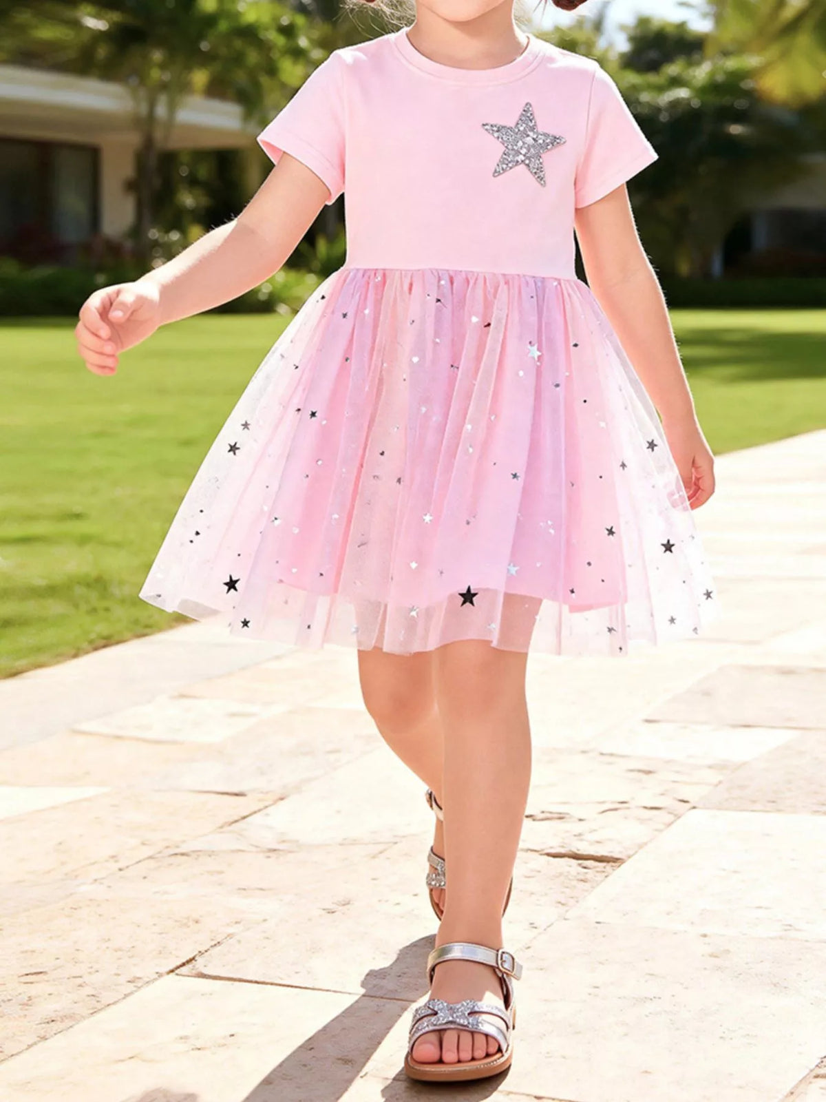 Pink star short-sleeve dress with a star-pattern tulle skirt on a child