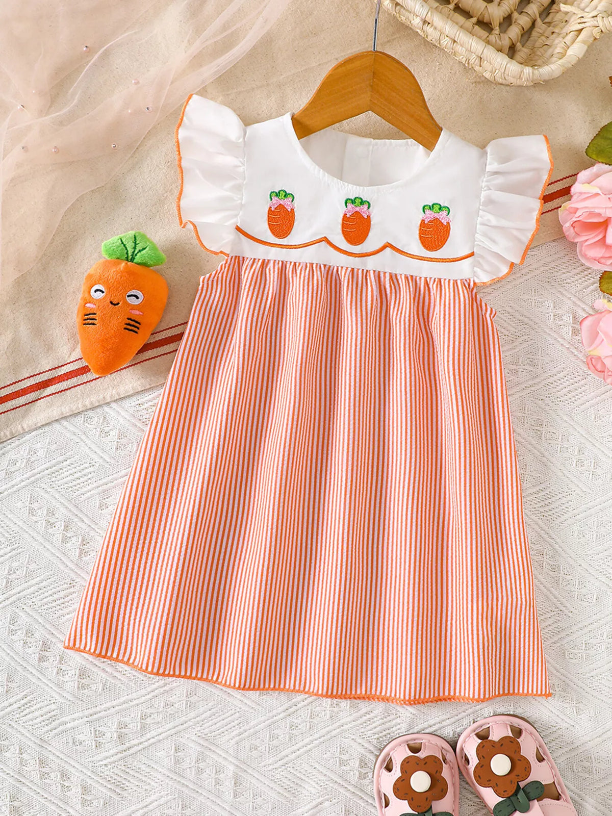 Baby Embroidered Yoke Striped Dress — orange striped dress front