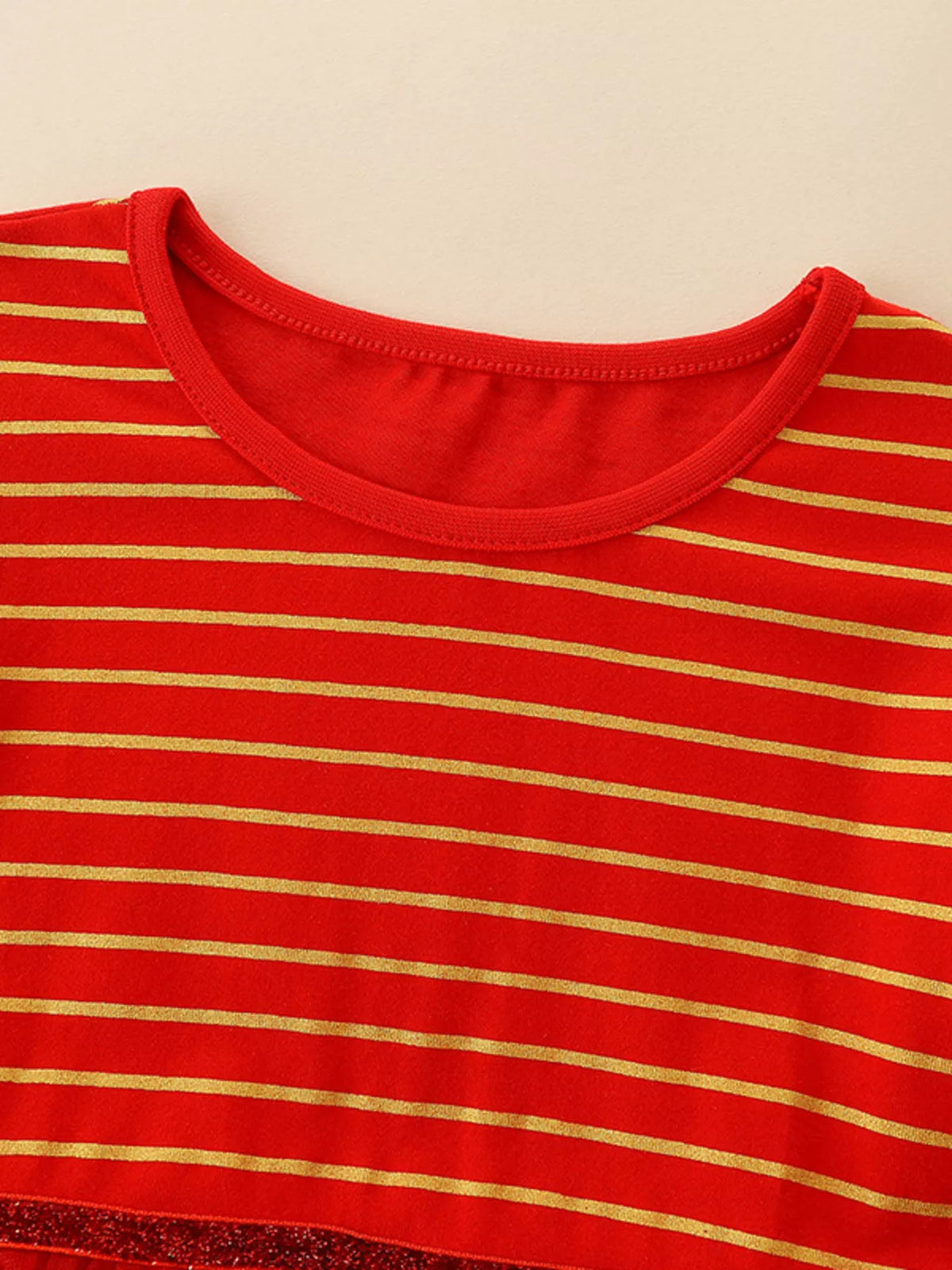 Red Deer Embroidered Tulle Dress — striped round neckline