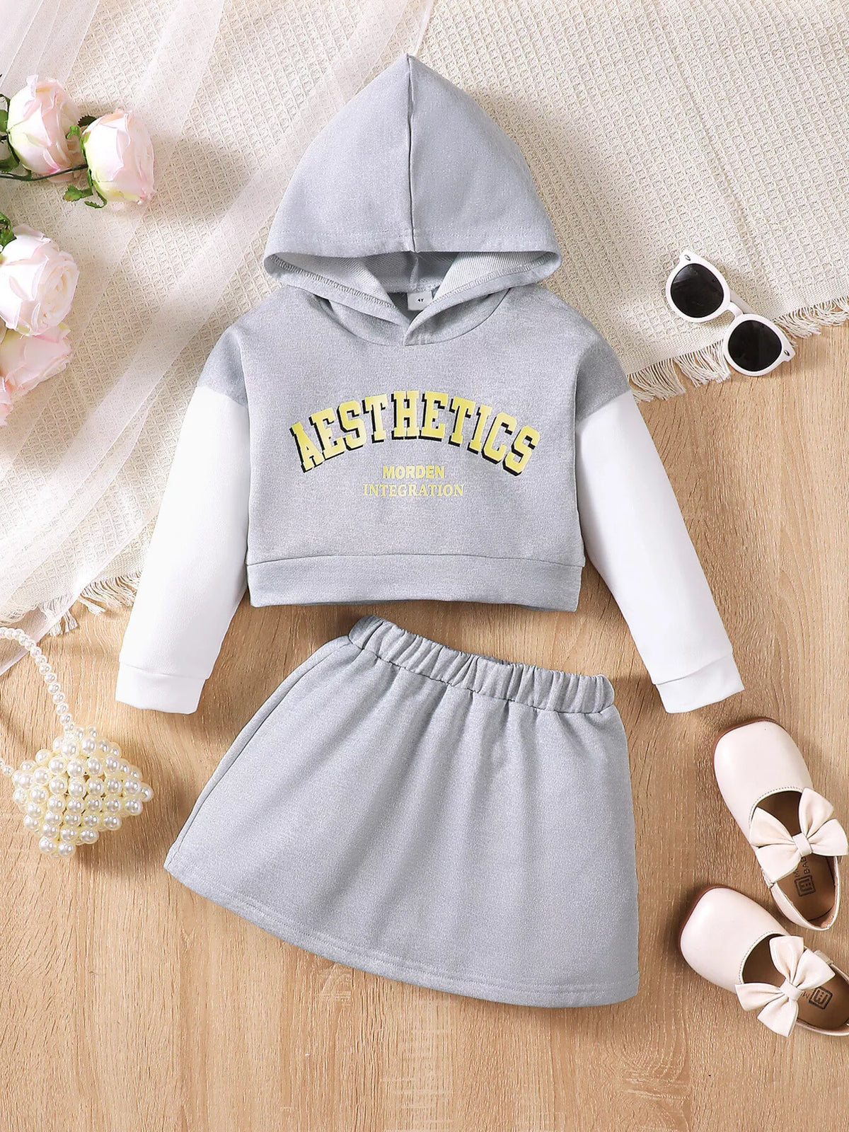 Gray color block letter hoodie and skirt set — outfit front