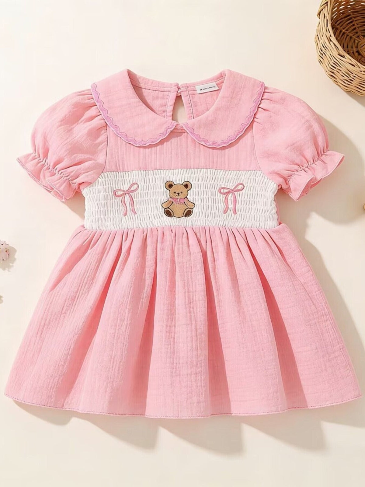 Baby Bear Embroidered Smocked Dress — front hanging view