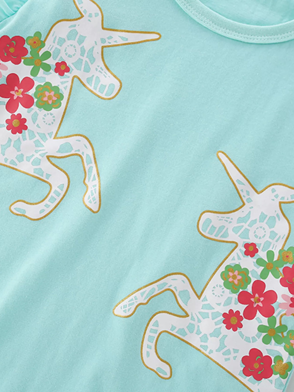 Turquoise floral unicorn ruffle sleeve top — floral unicorn designs