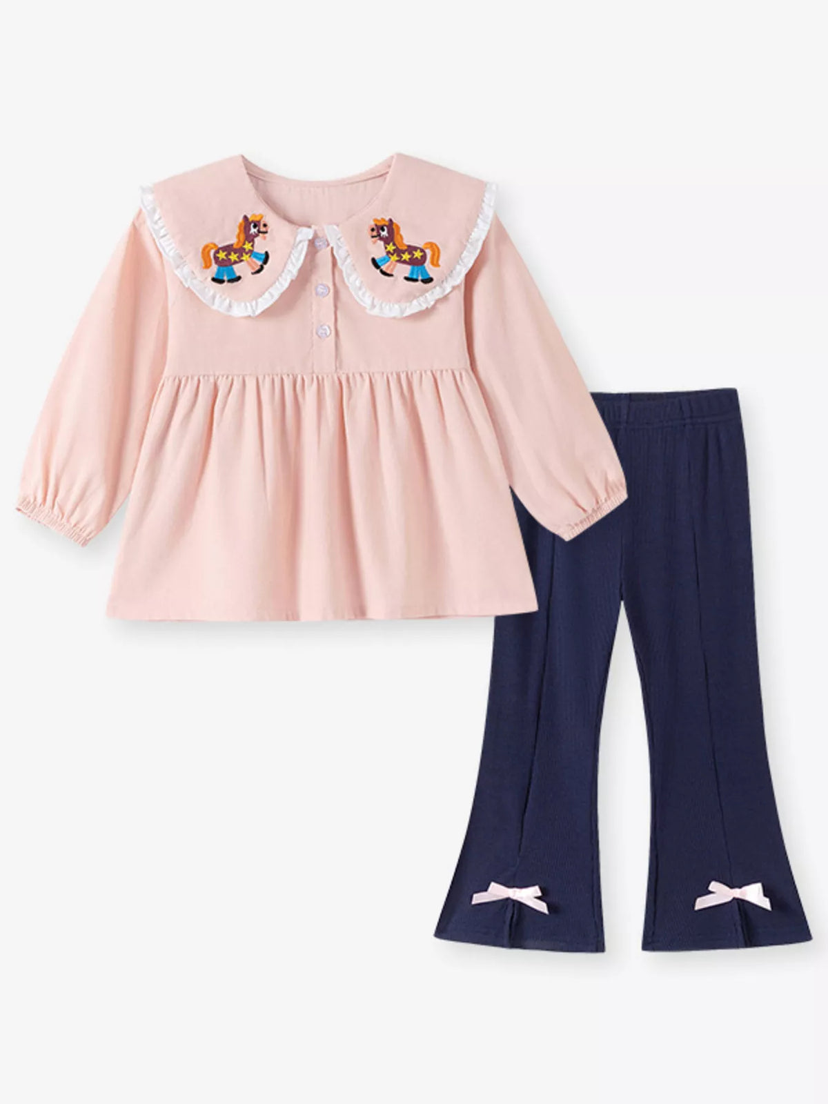 Peach pony-collar peplum top with navy bow-trimmed flared pants laid flat